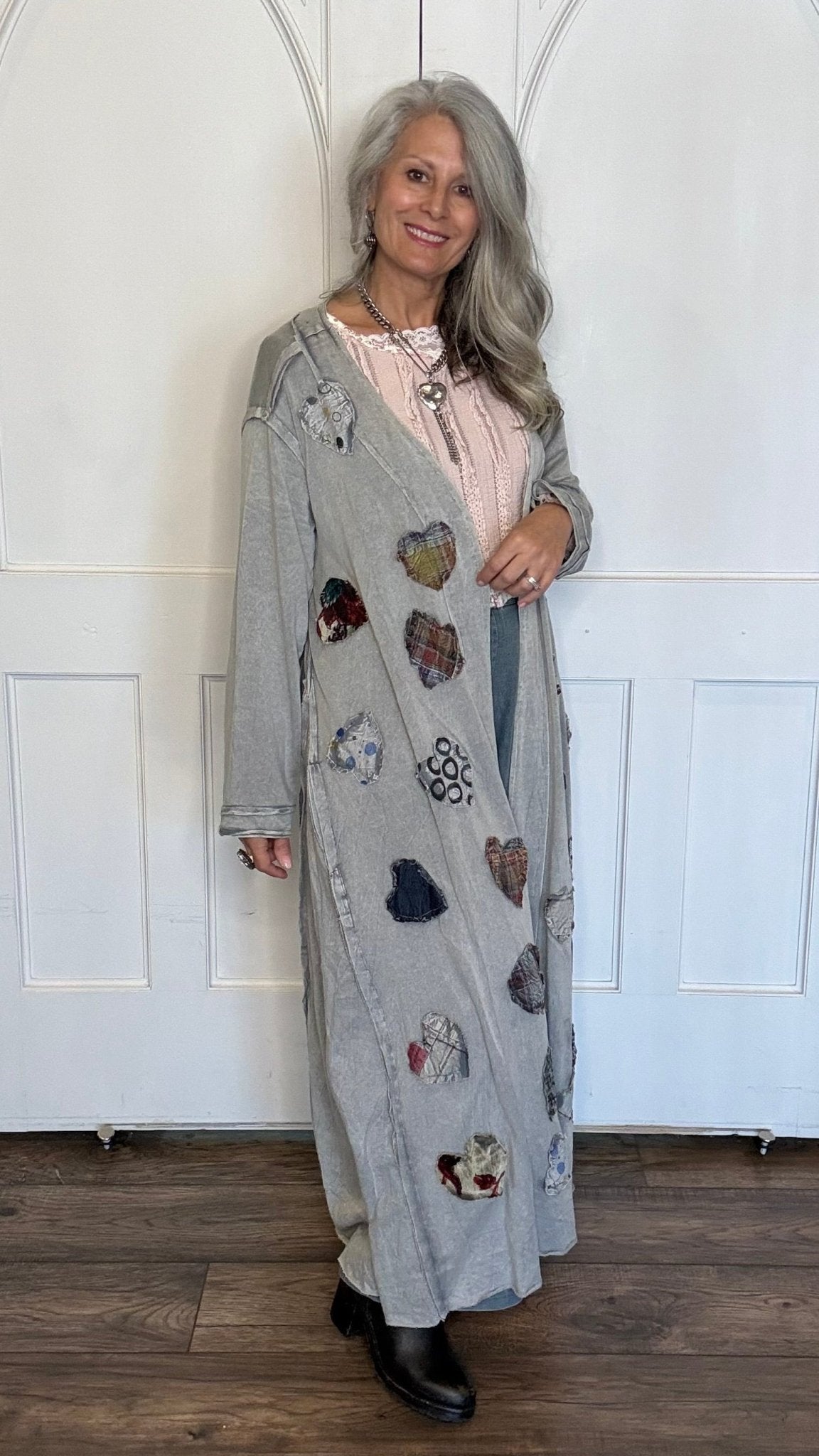 Long Grey Hearts Patch Jacket - Vintage Vault Boutique