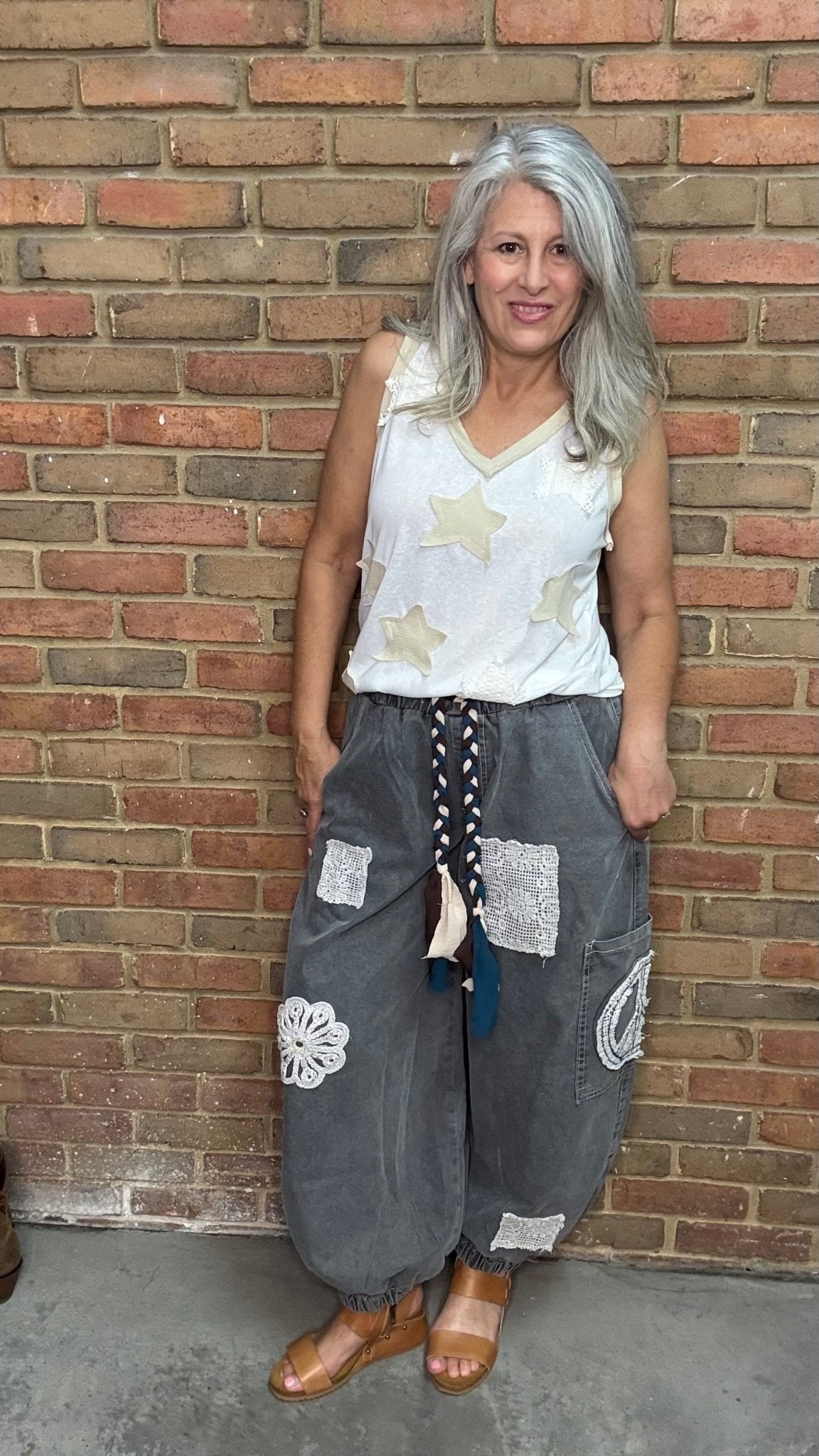 Charcoal Peace Applique Pant - Vintage Vault Boutique