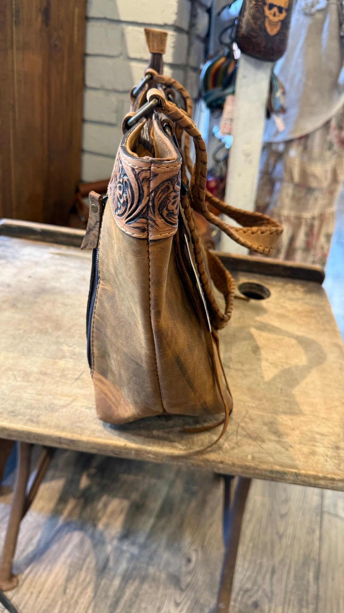 Brown Leather with Tooled Accents Handbag - Vintage Vault Boutique