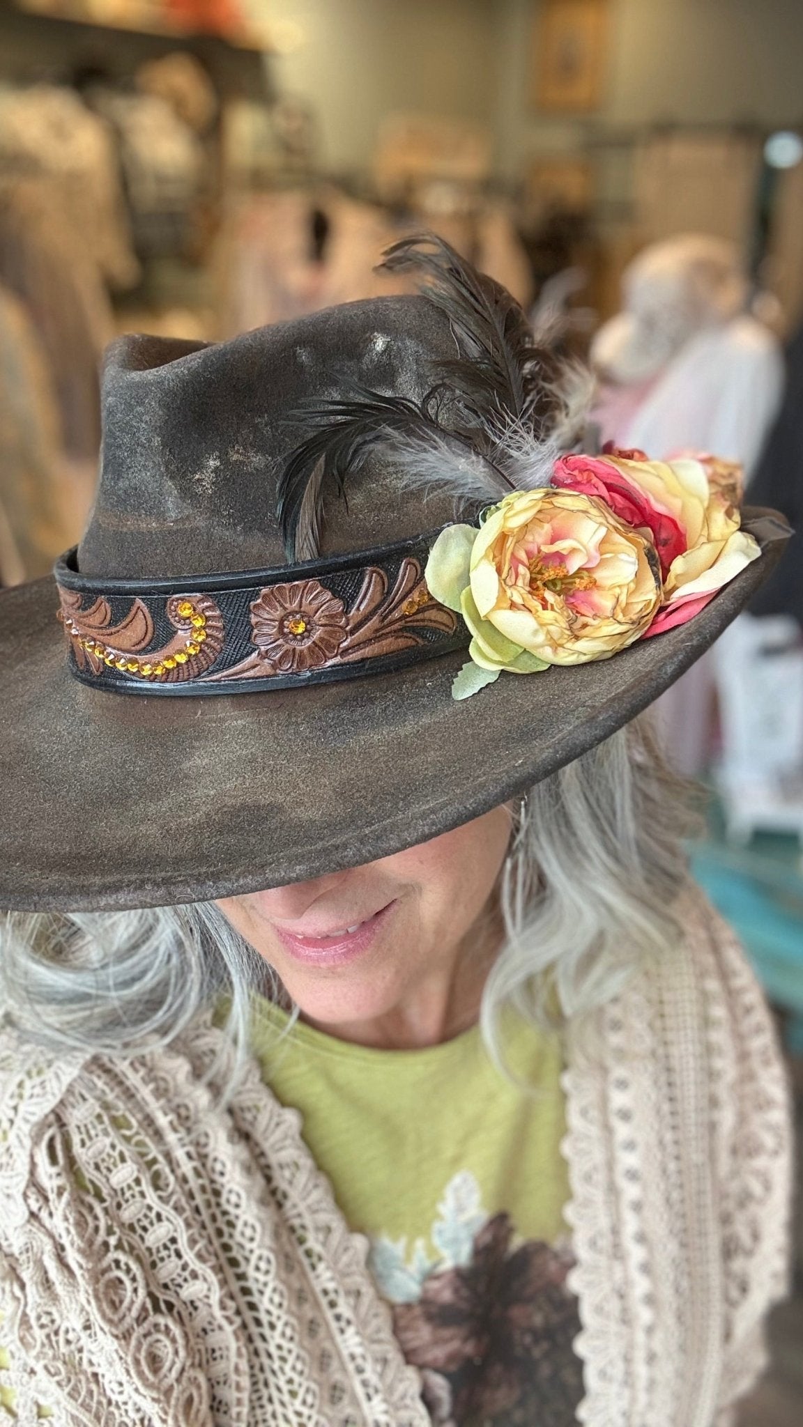 Yellow Rose Embossed Band Cowboy Hat by A Rare Bird - Vintage Vault Boutique