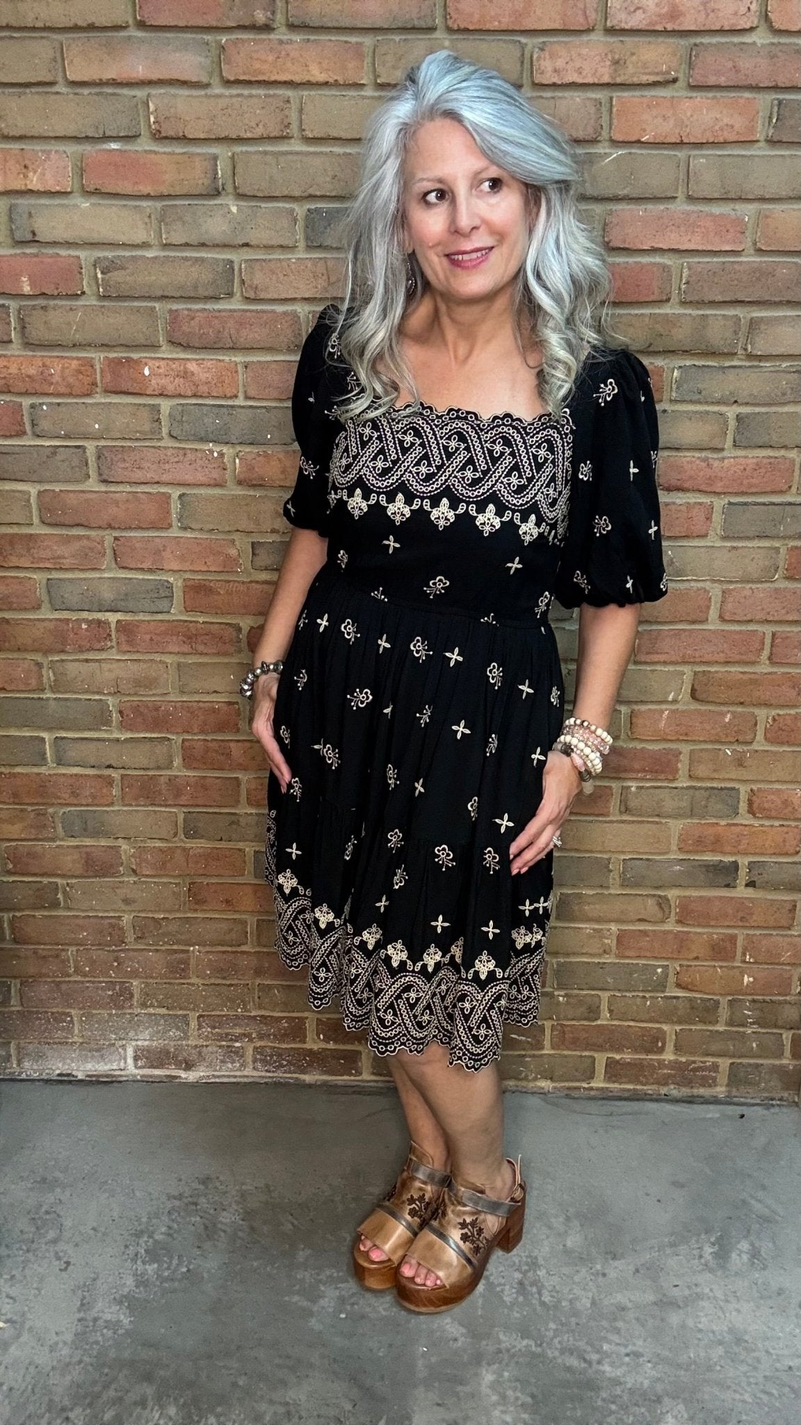 Bubble Sleeve Embroidered Dress - Vintage Vault Boutique