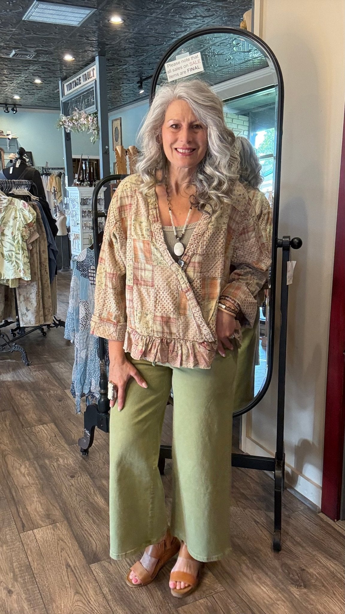Green High Rise Drawstring Crop Wide Leg Jean - Vintage Vault Boutique