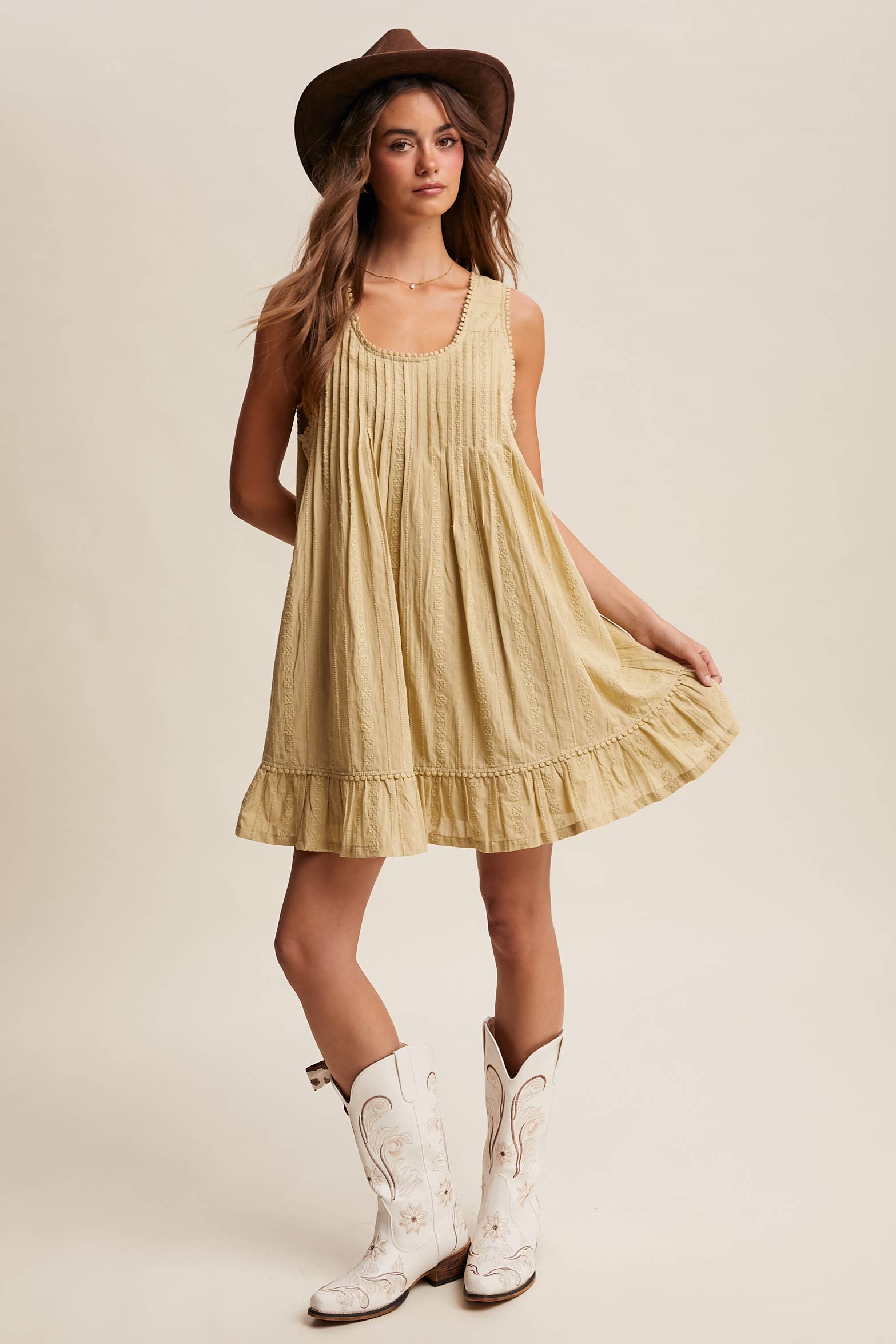 Pintuck Mini Dress - Light Olive - Vintage Vault Boutique