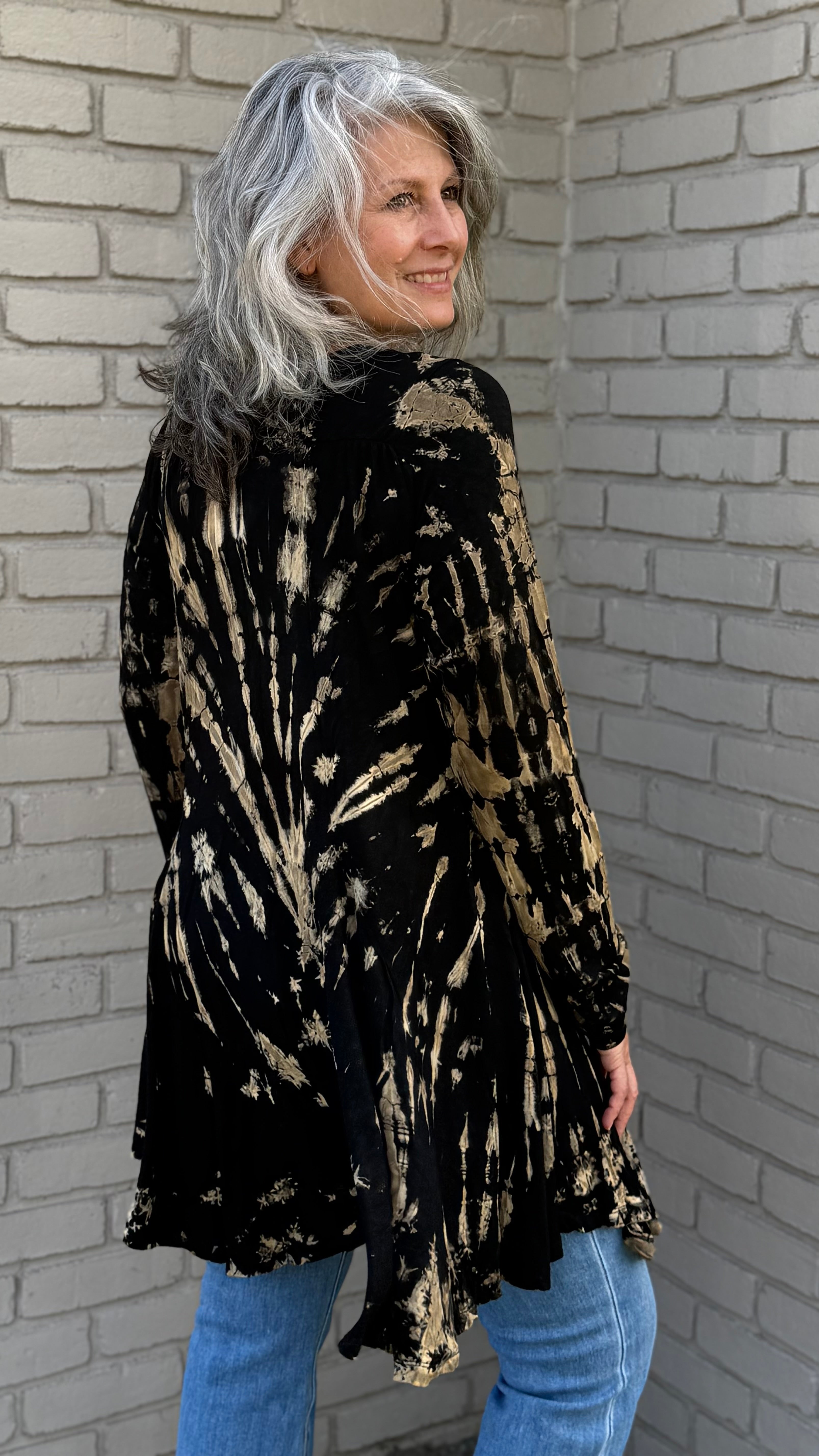 Black and Beige Tie-Dye Knit Cardigan