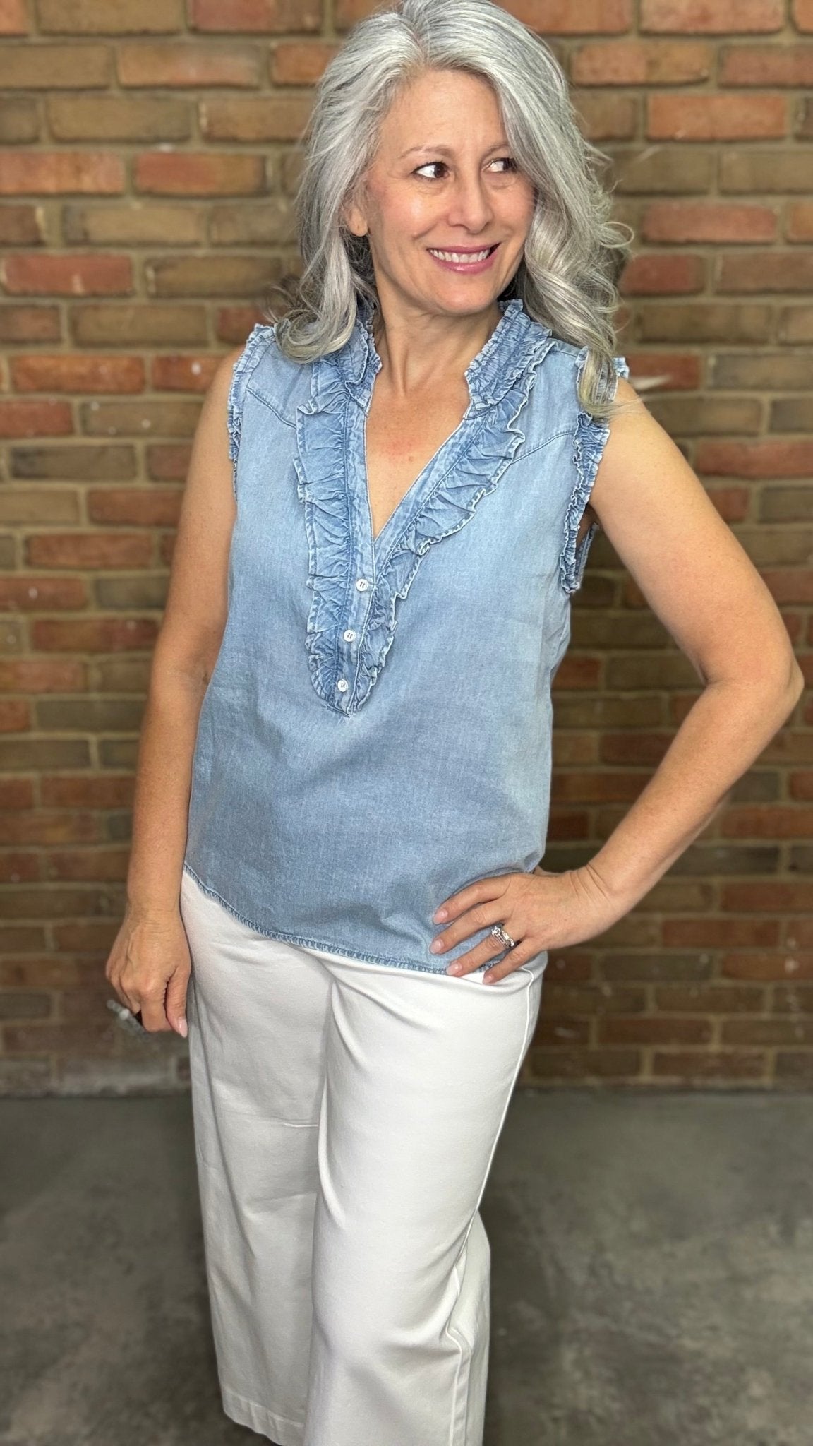 Ruffle Sleeveless V - Neck Top - Vintage Vault Boutique