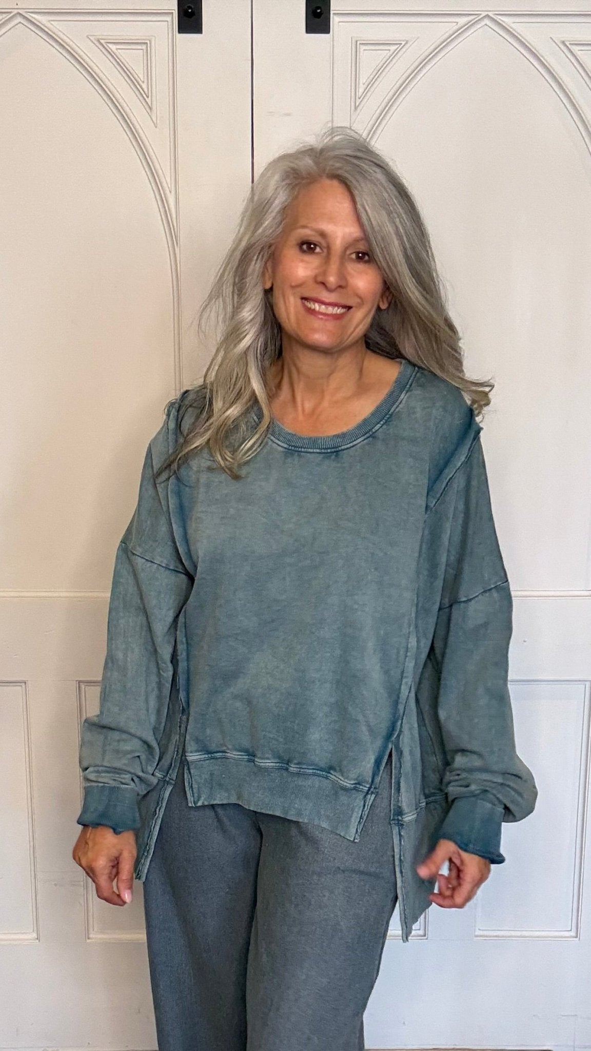 Teal High Lo Slit Sweatshirt - Vintage Vault Boutique
