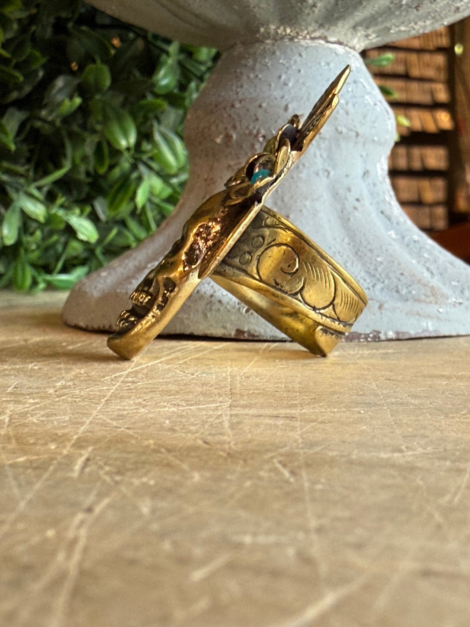 Gold Skull with Turquoise and Coral Stone Ring - Vintage Vault Boutique