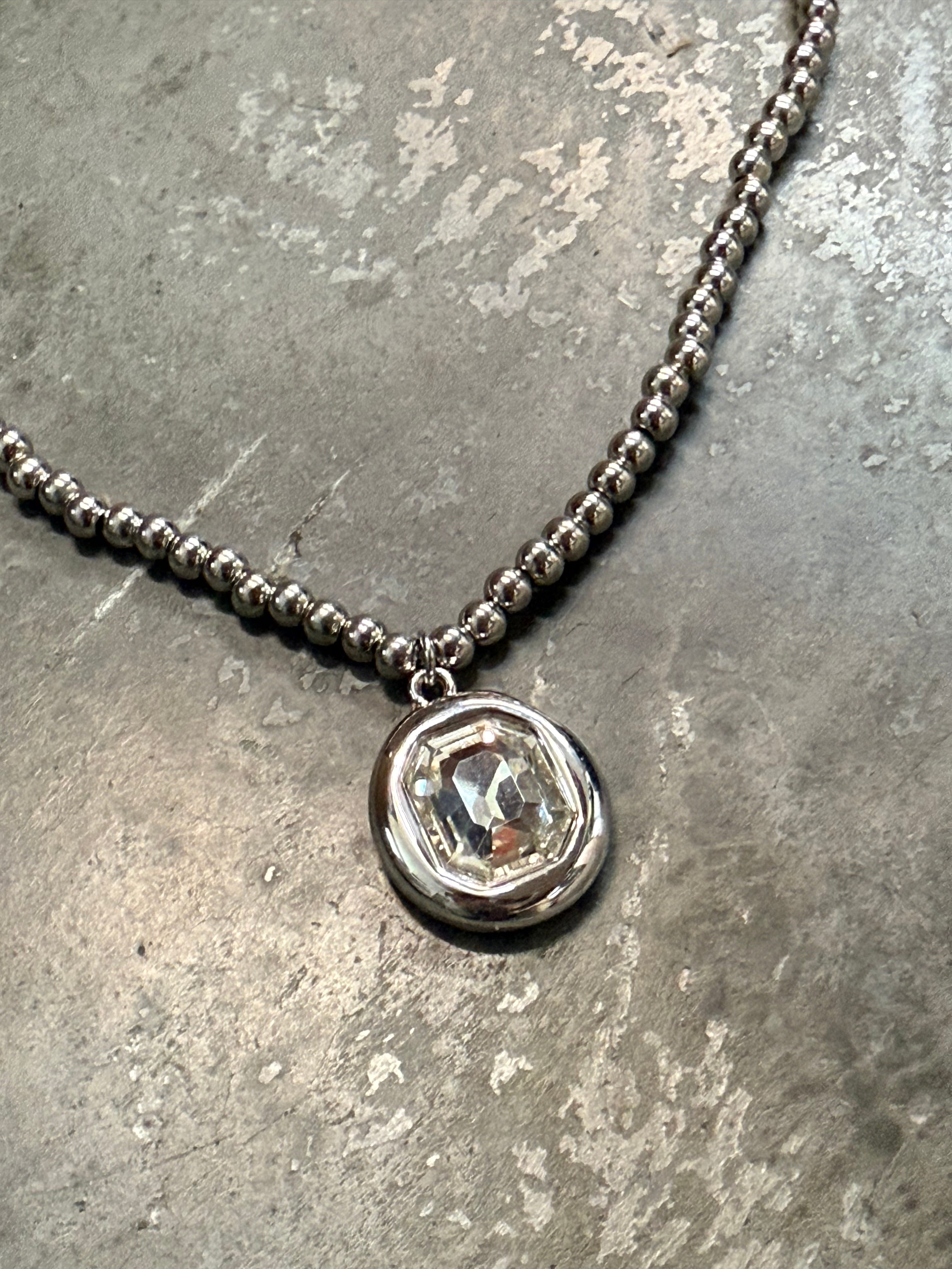 Silver Crystal Pendant on Silver Beaded Necklace