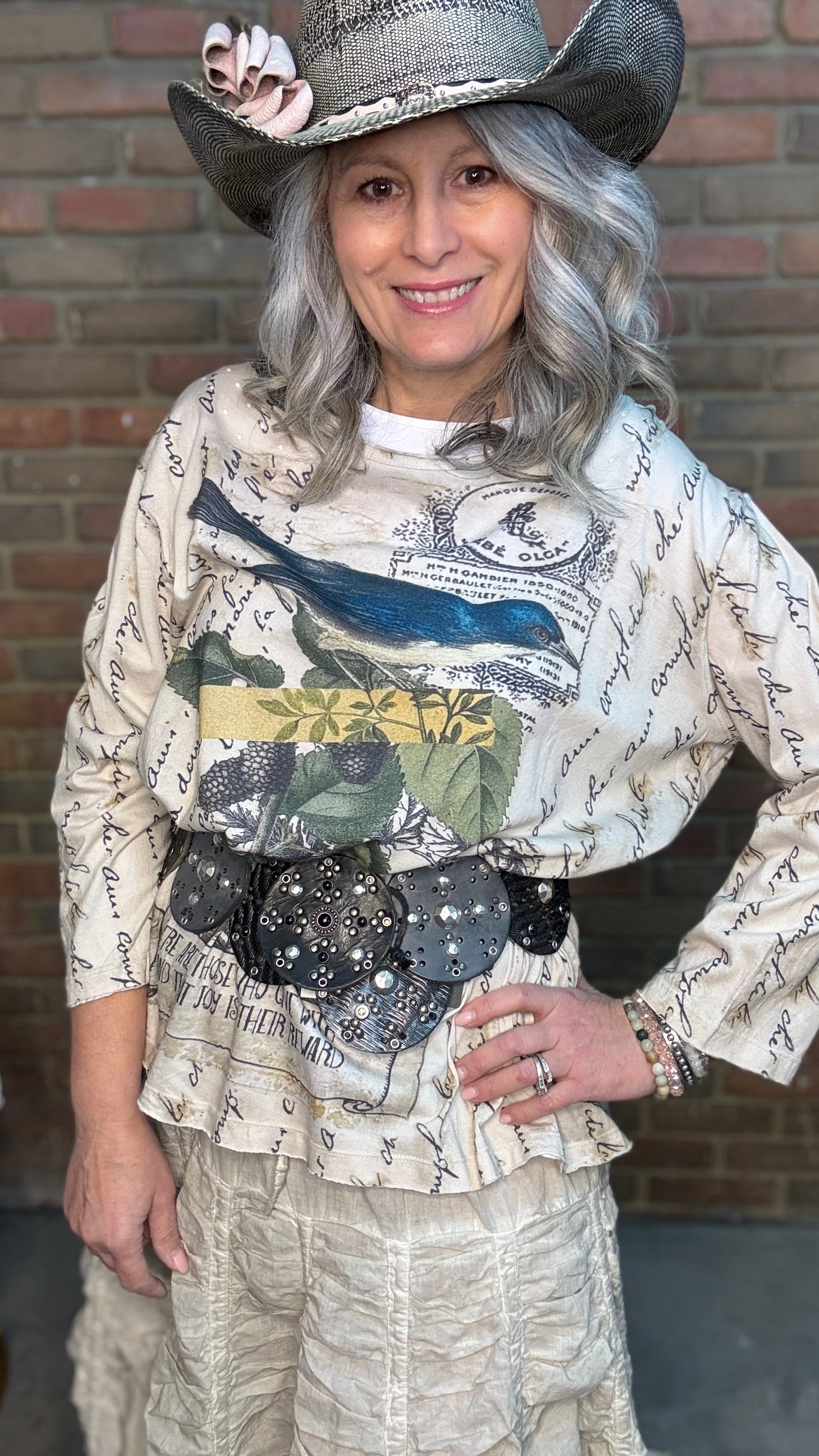 Vintage Washed Bird Print Top