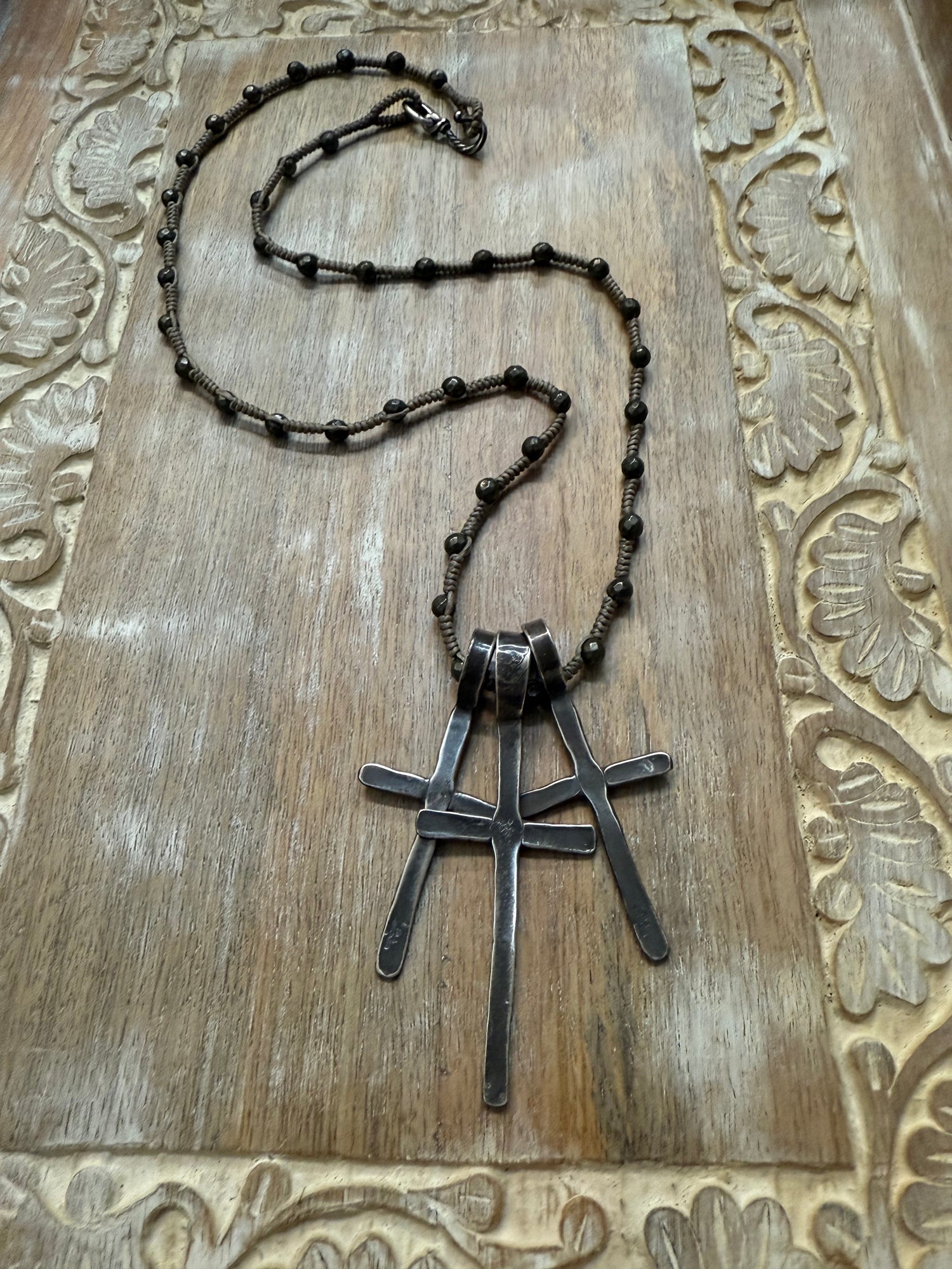 Triple Cross on Braided Strand Necklace
