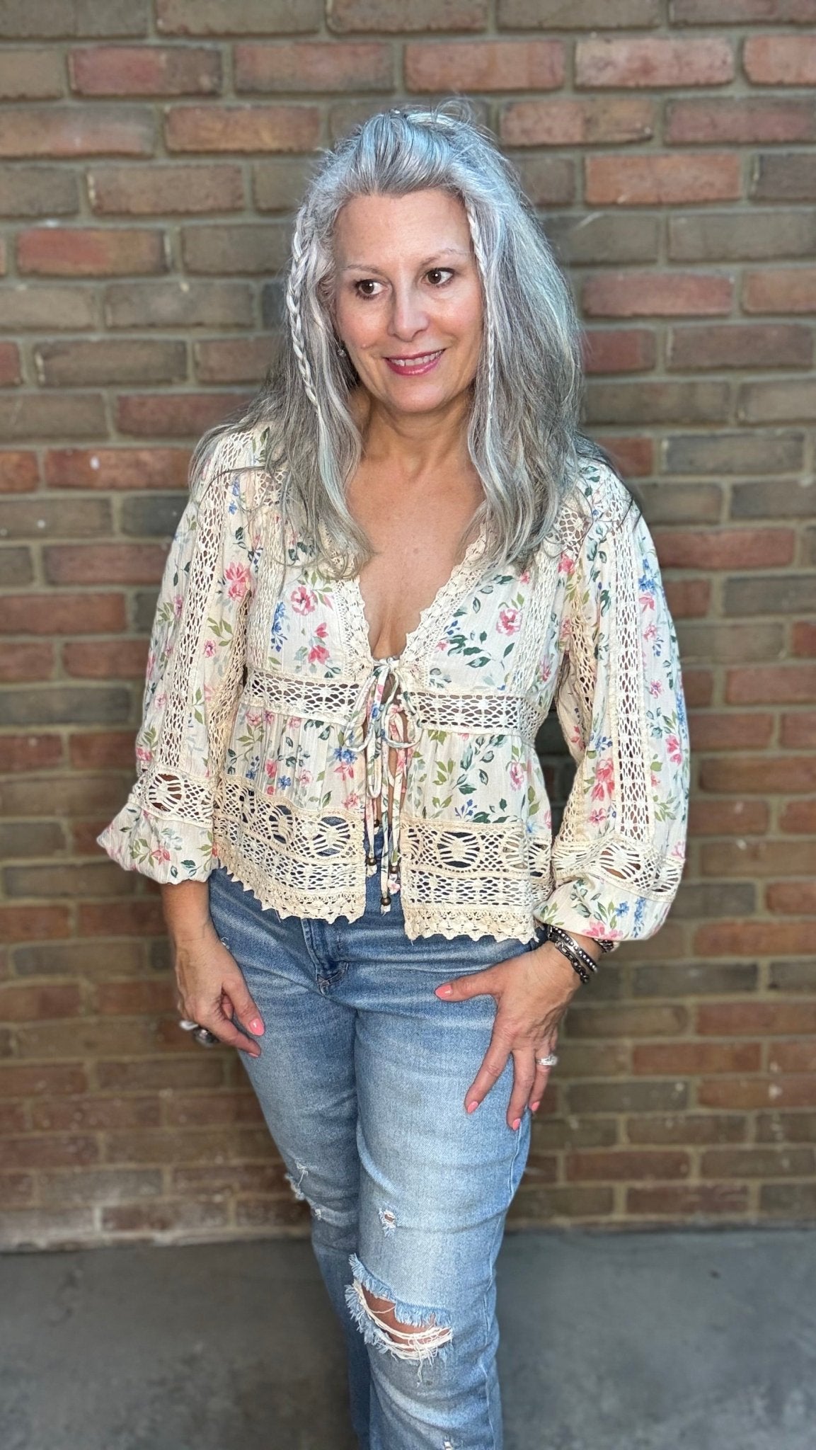 Long Sleeve Floral and Lace Tie Top - Vintage Vault Boutique