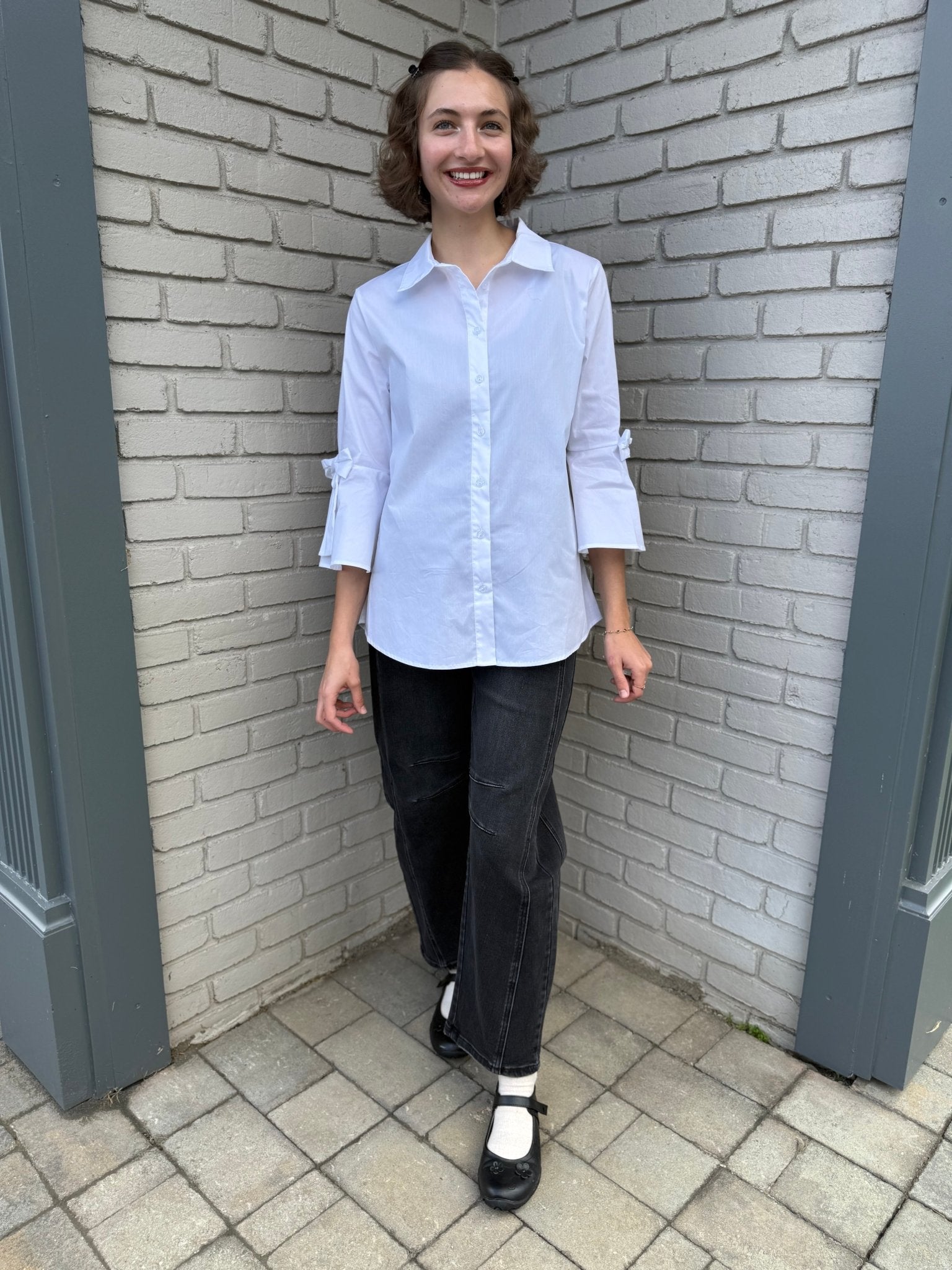 White Shirt with Bow Accent - Vintage Vault Boutique