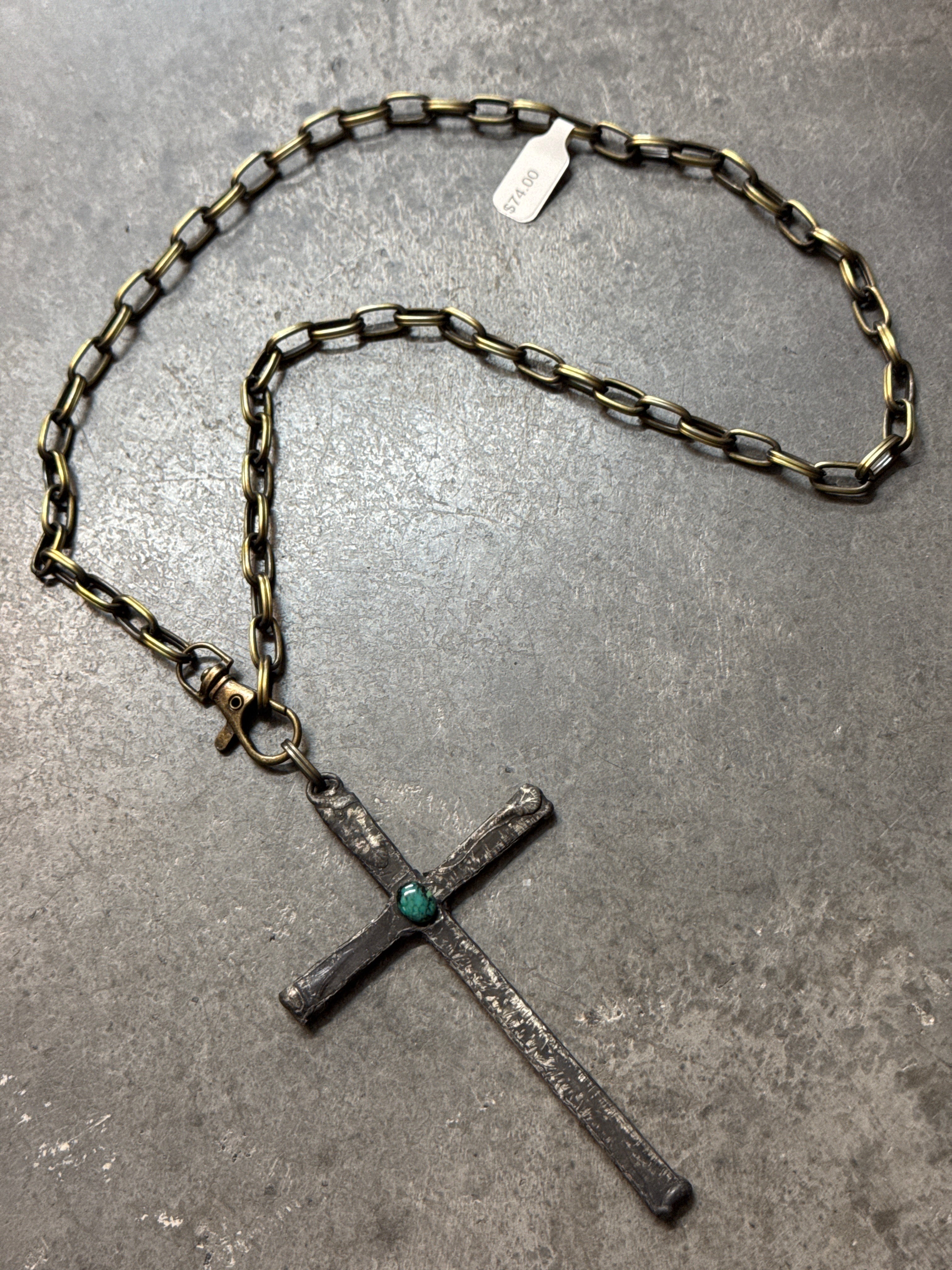 Large Rustic Cross with Turquoise Center Necklace