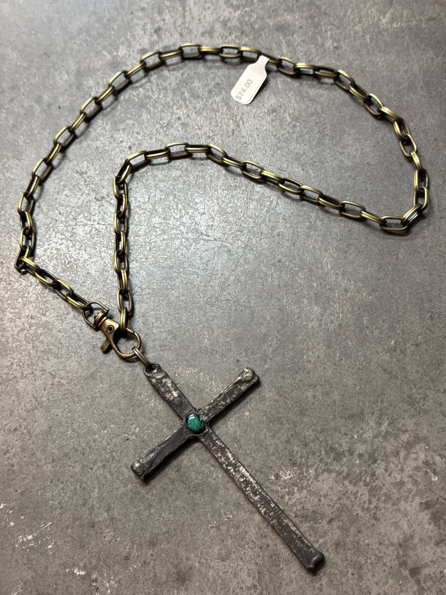 Large Rustic Cross with Turquoise Center Necklace - Vintage Vault Boutique