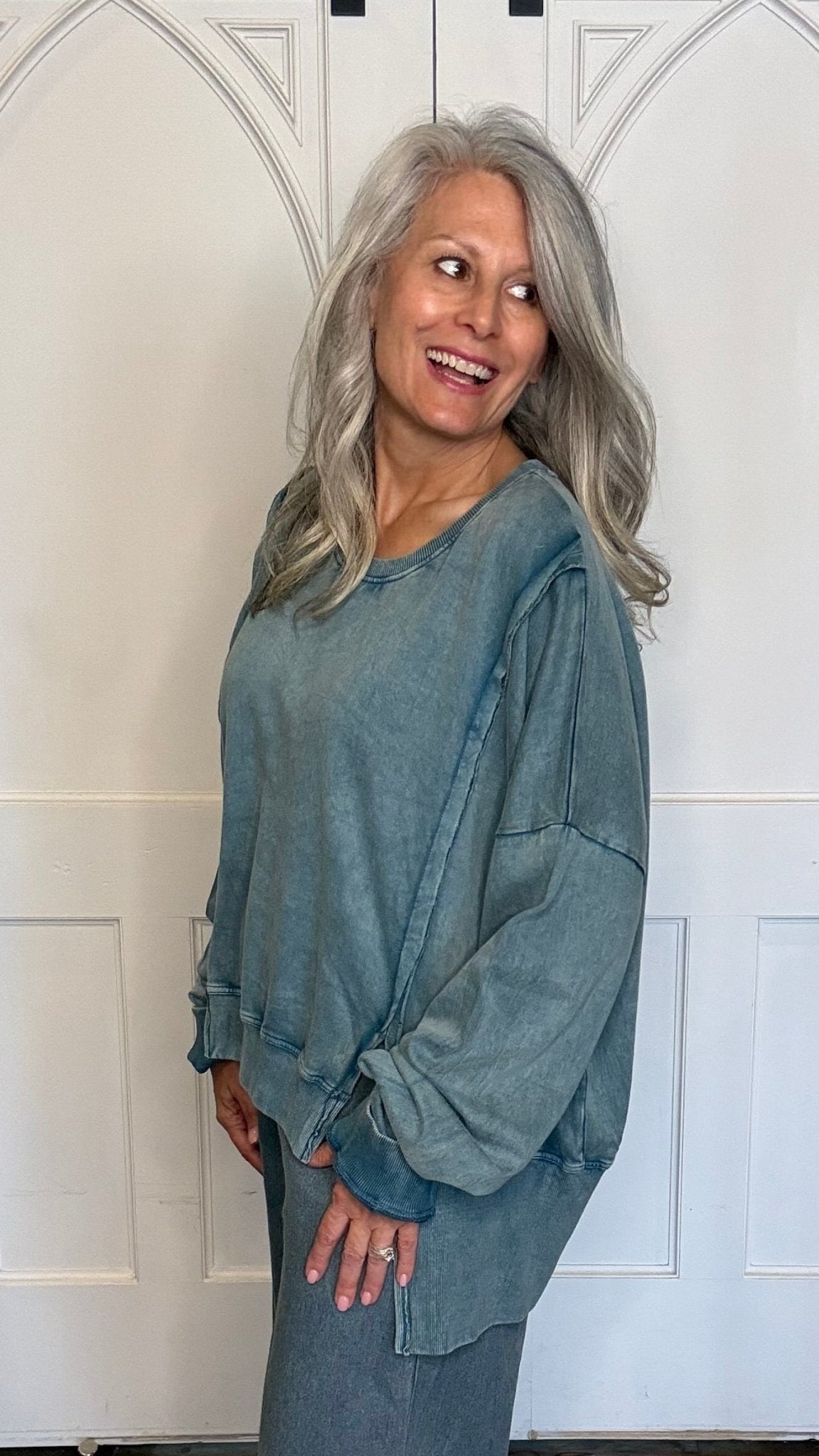 Teal High Lo Slit Sweatshirt - Vintage Vault Boutique