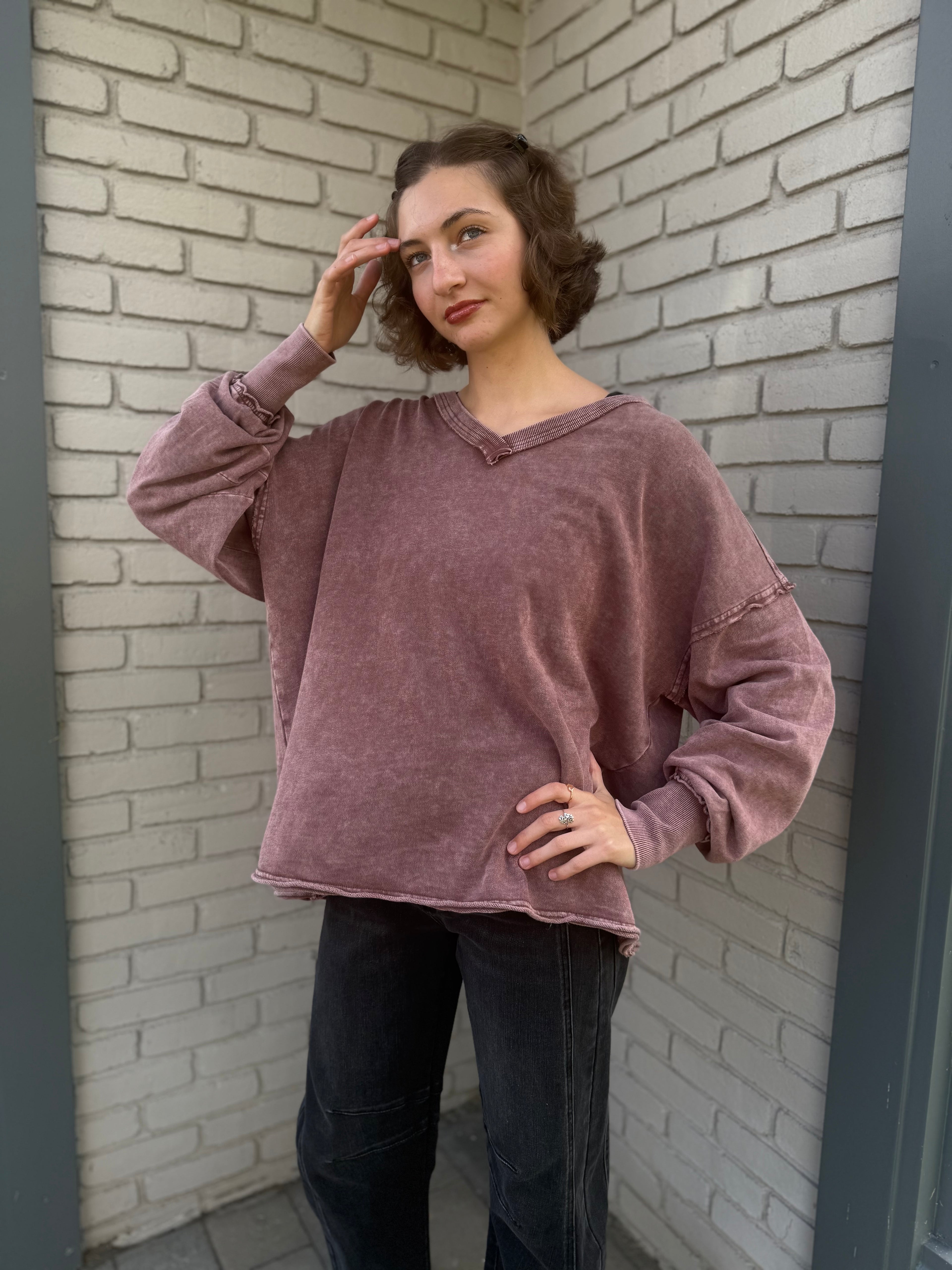 Red Bean V-Neck Oversized Sweatshirt