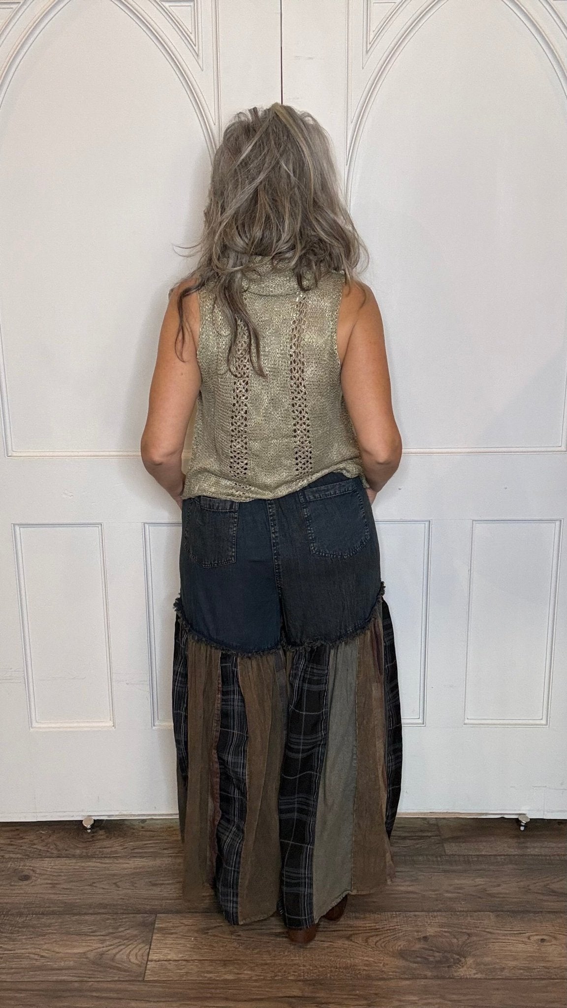 Boho Denim & Plaid Wide Leg Pant - Vintage Vault Boutique