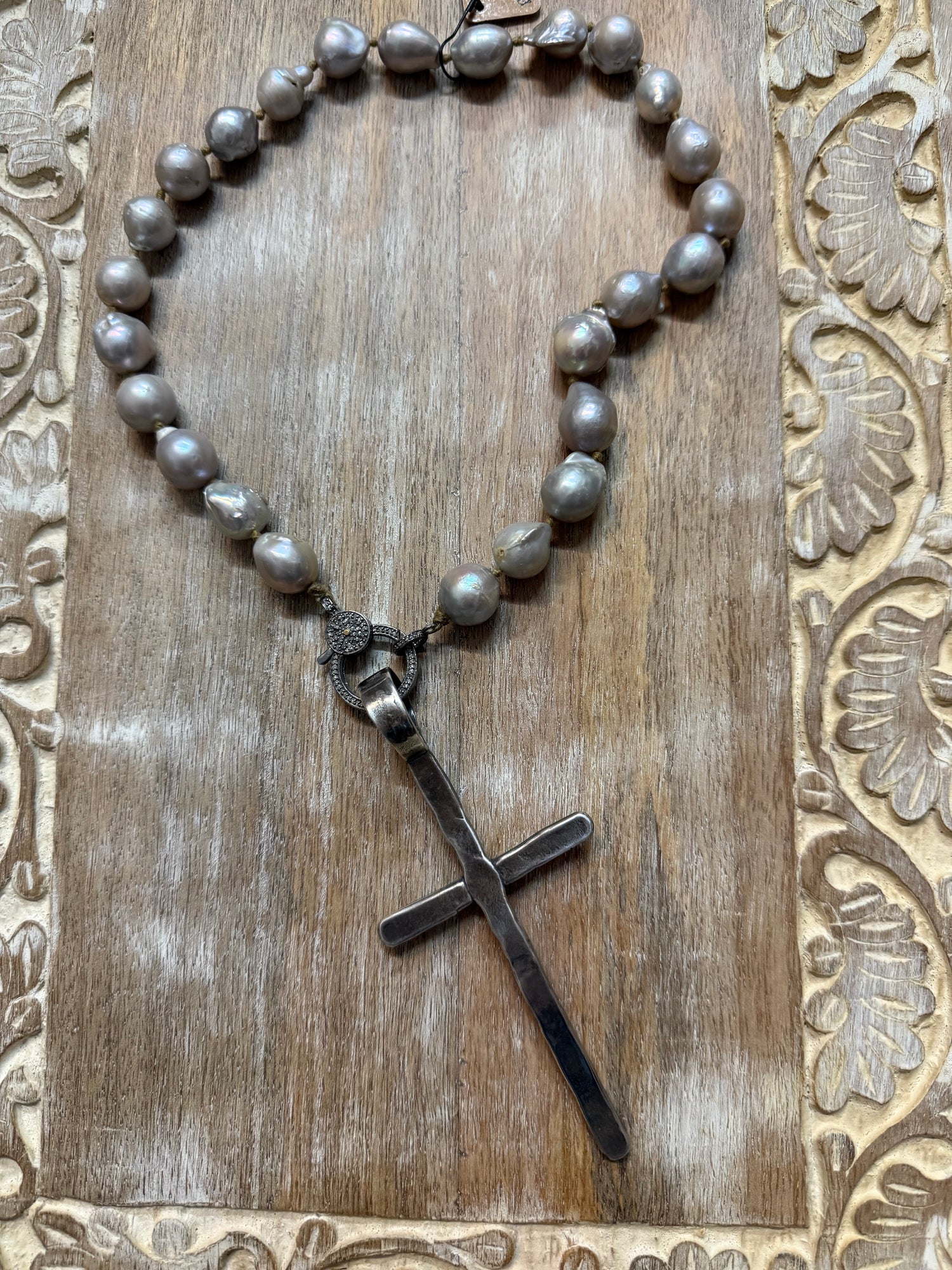 Large Silver Cross on Pearls Necklace