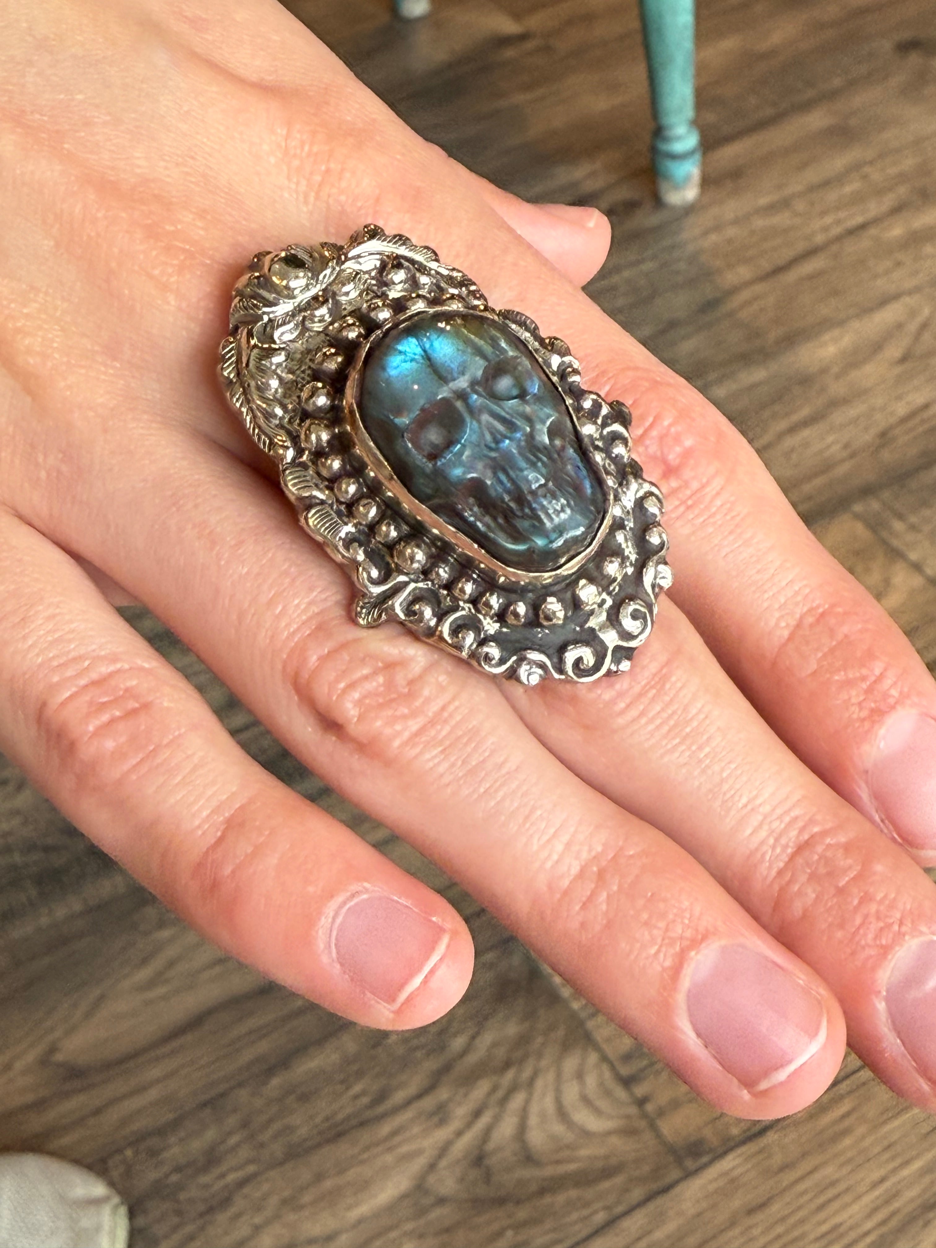 Small Labradorite Skull Ring