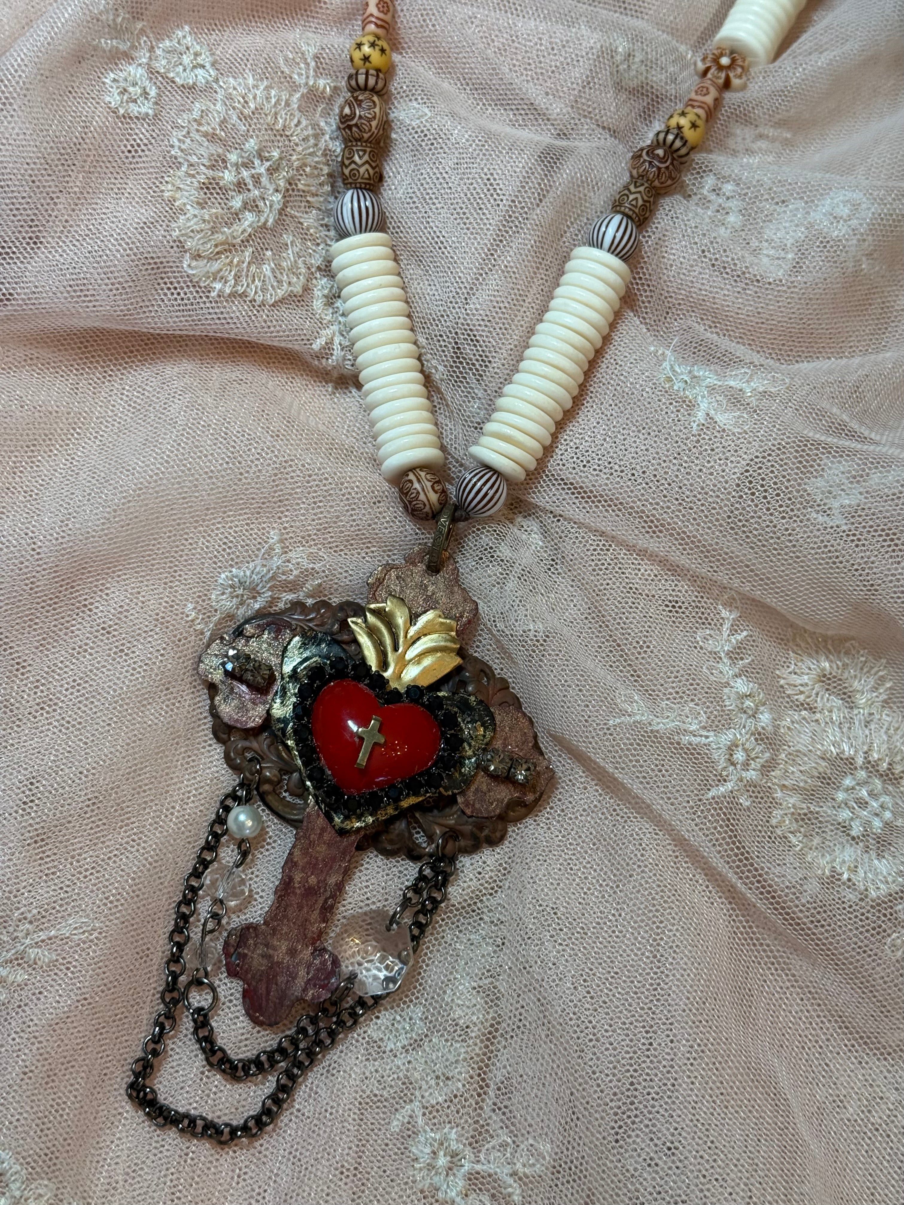 Red Heart on Cross Necklace