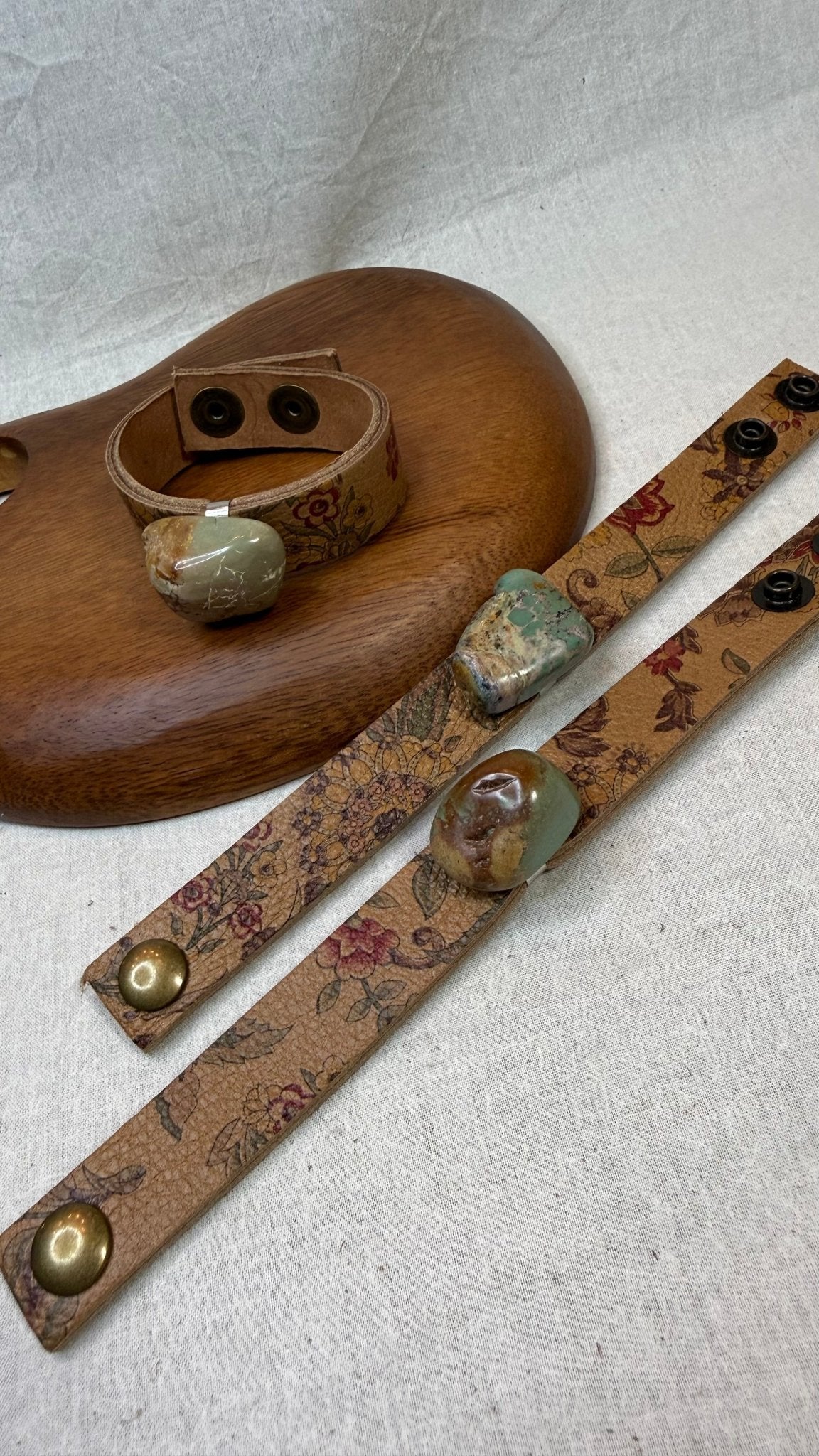 Floral Leather Bracelet with Turquoise Nugget - Vintage Vault Boutique