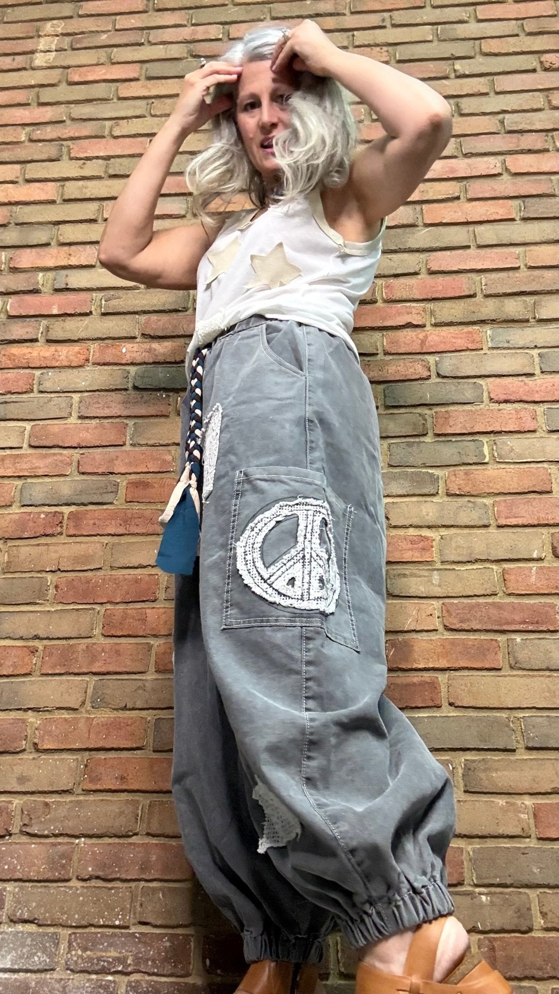 Charcoal Peace Applique Pant - Vintage Vault Boutique