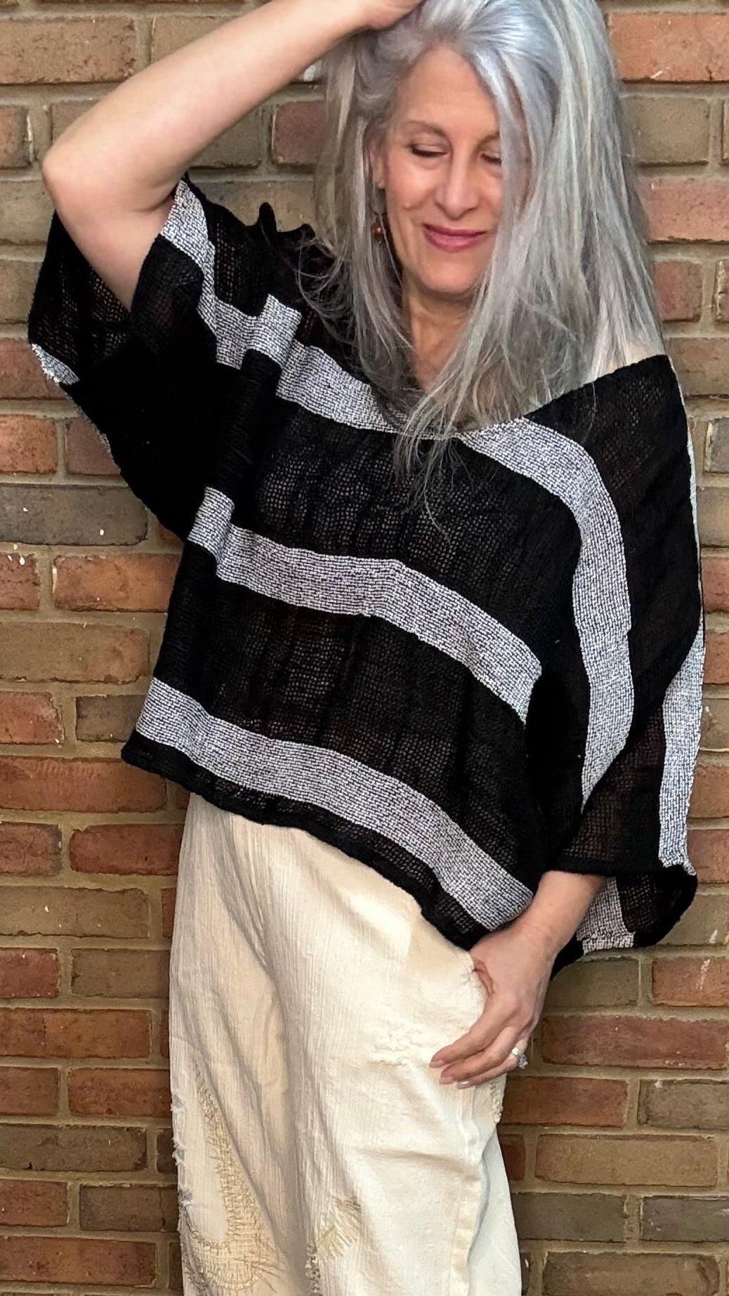 Charcoal and Black Striped Linen Topper - Vintage Vault Boutique