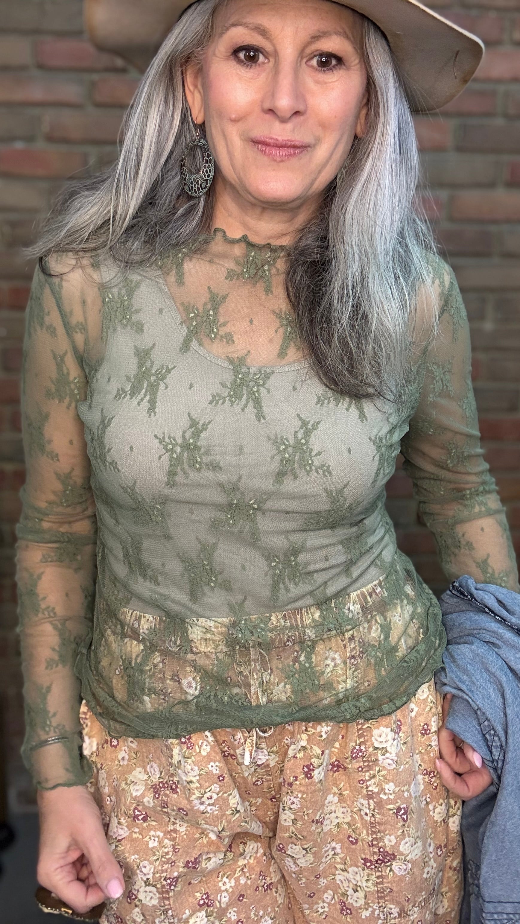 Embroidery Long Sleeve Mesh Top