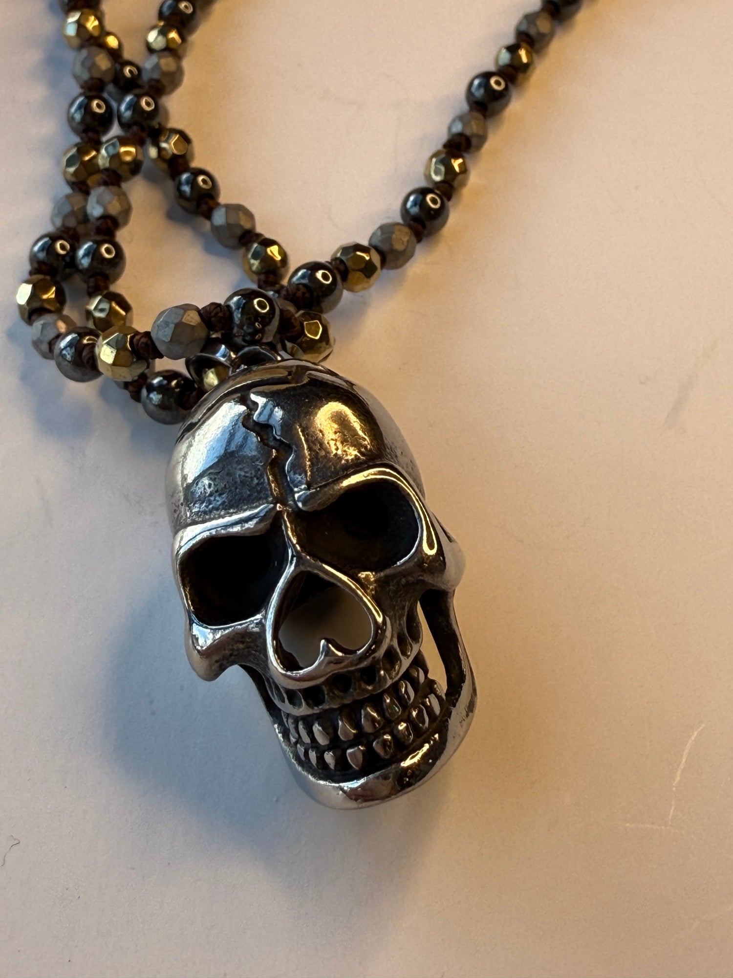 3D Skull on Metallic Beaded Necklace