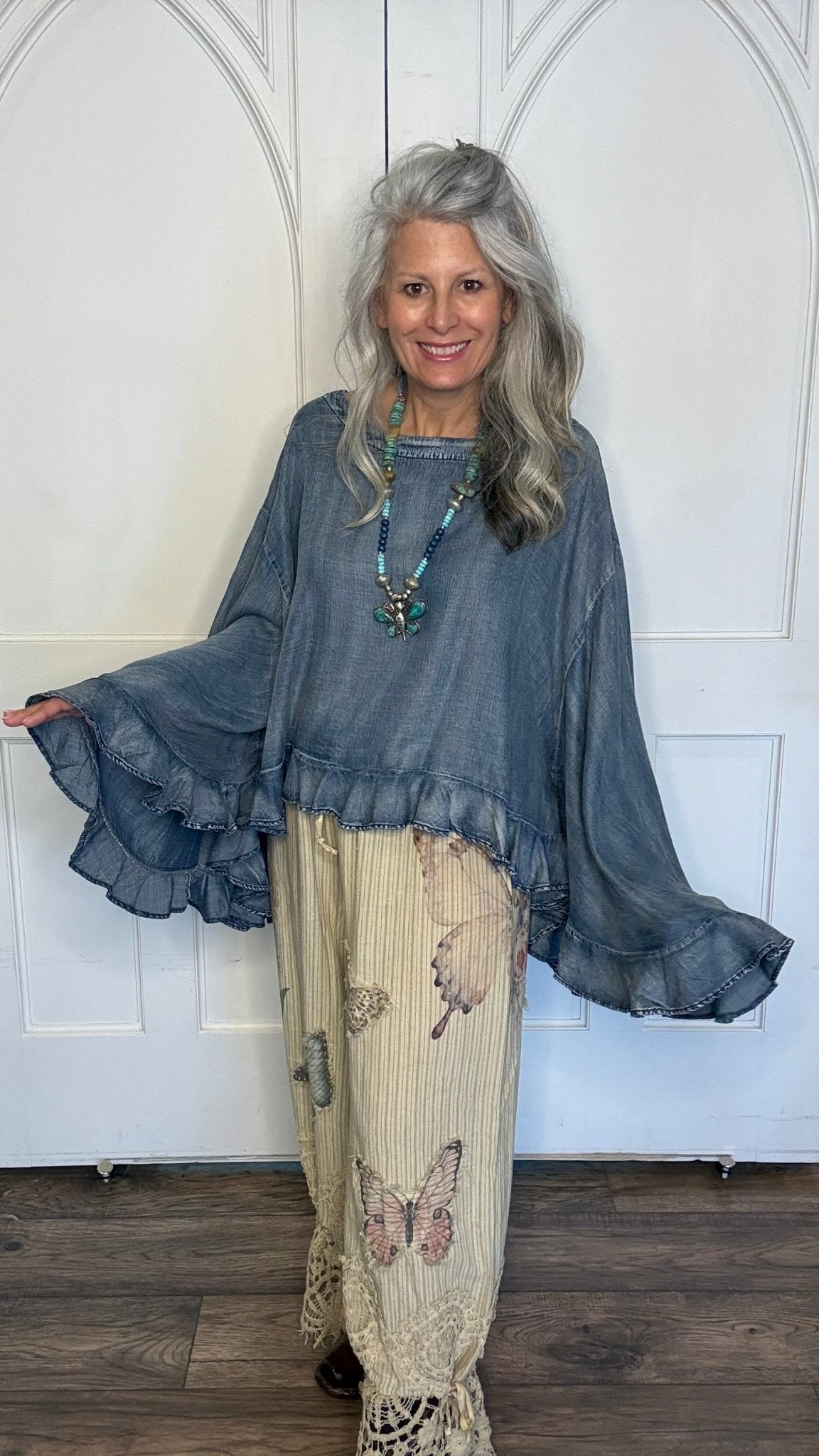 Blooming Grace Top -Chambray - Vintage Vault Boutique