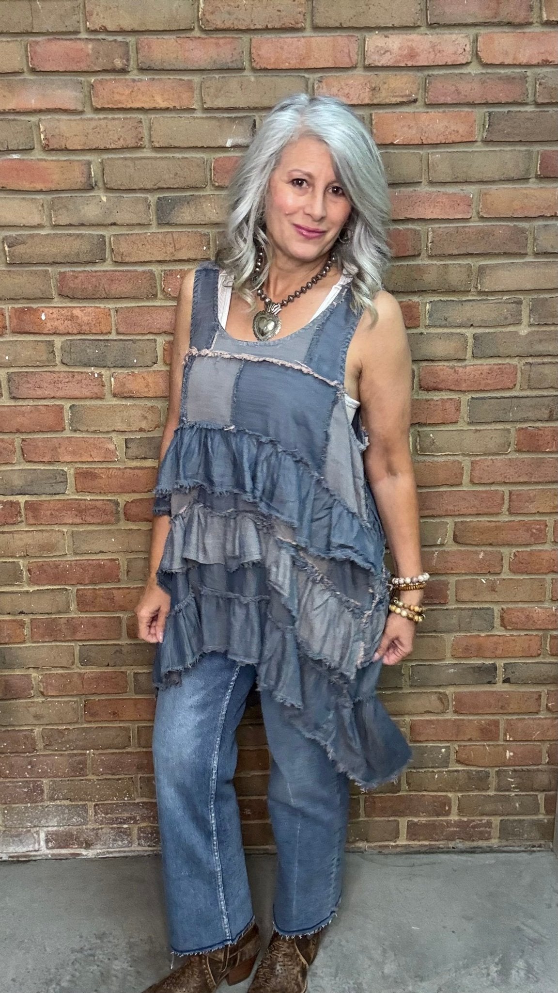 Patchwork Skies Ruffle Tank - Vintage Vault Boutique