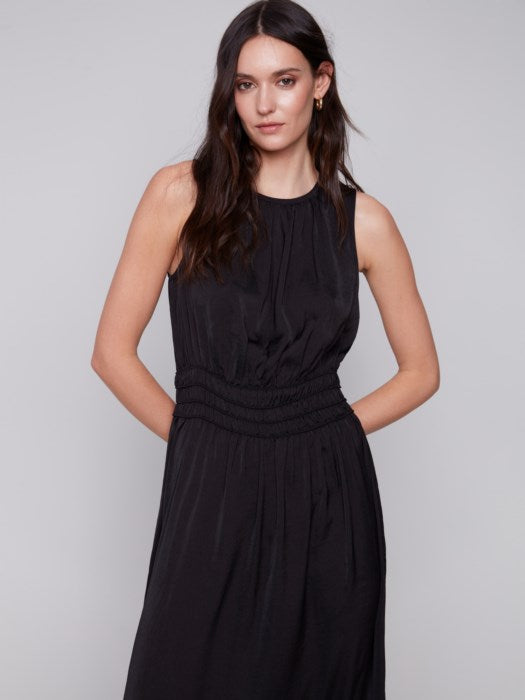 Crewneck Dress with Elastic Smocking at Waist  Black S & XXL