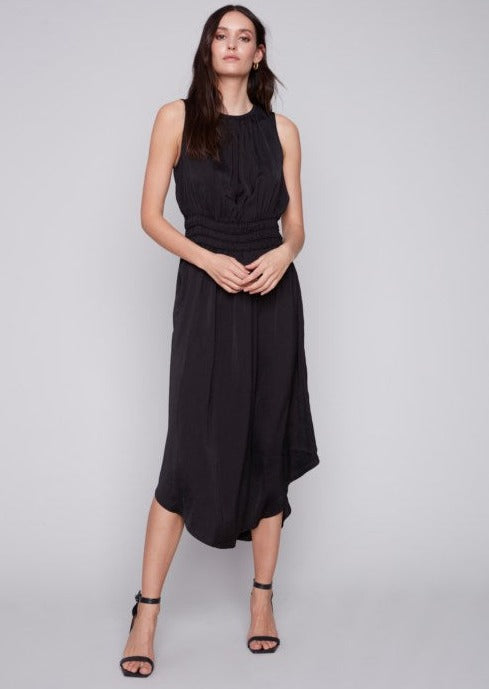 Crewneck Dress with Elastic Smocking at Waist  Black S & XXL