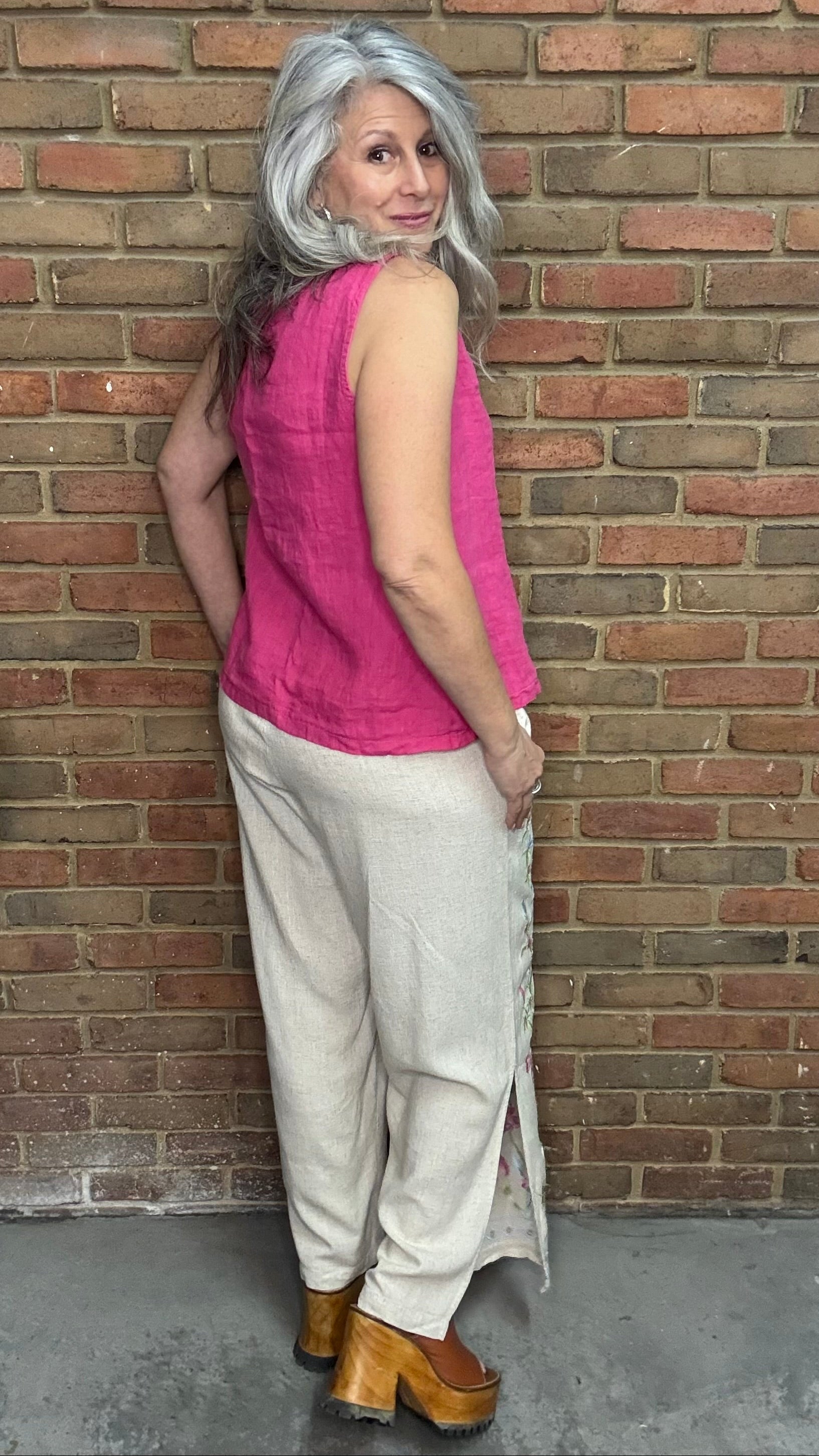 Linen Embroidery Split Leg Pant