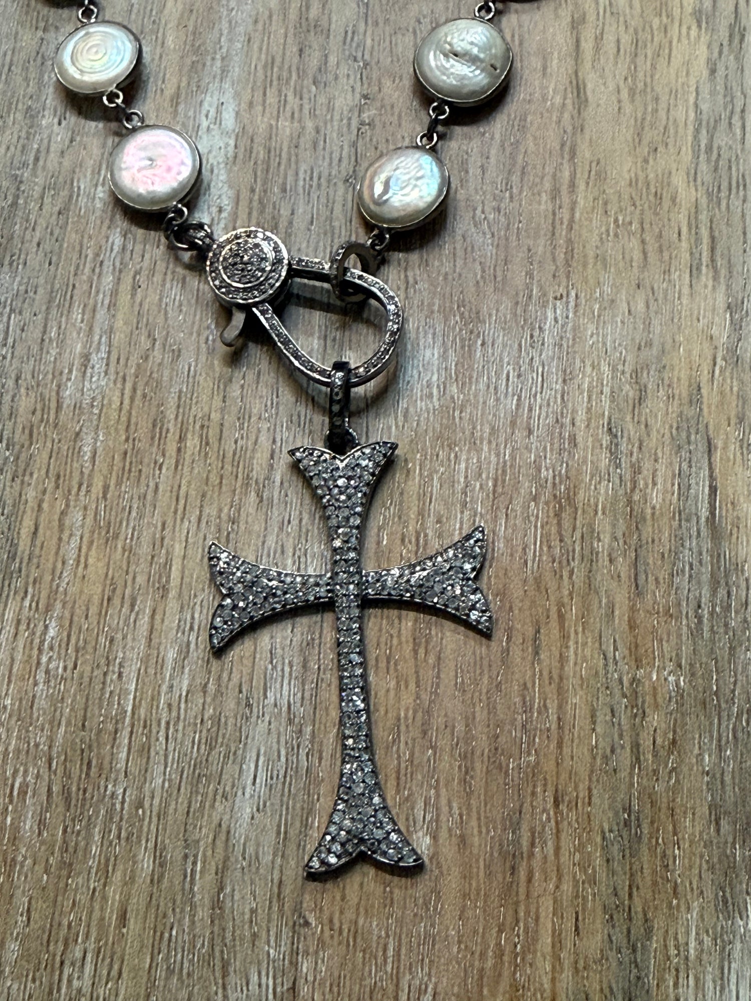Diamond Cross on Coin Pearls Necklace