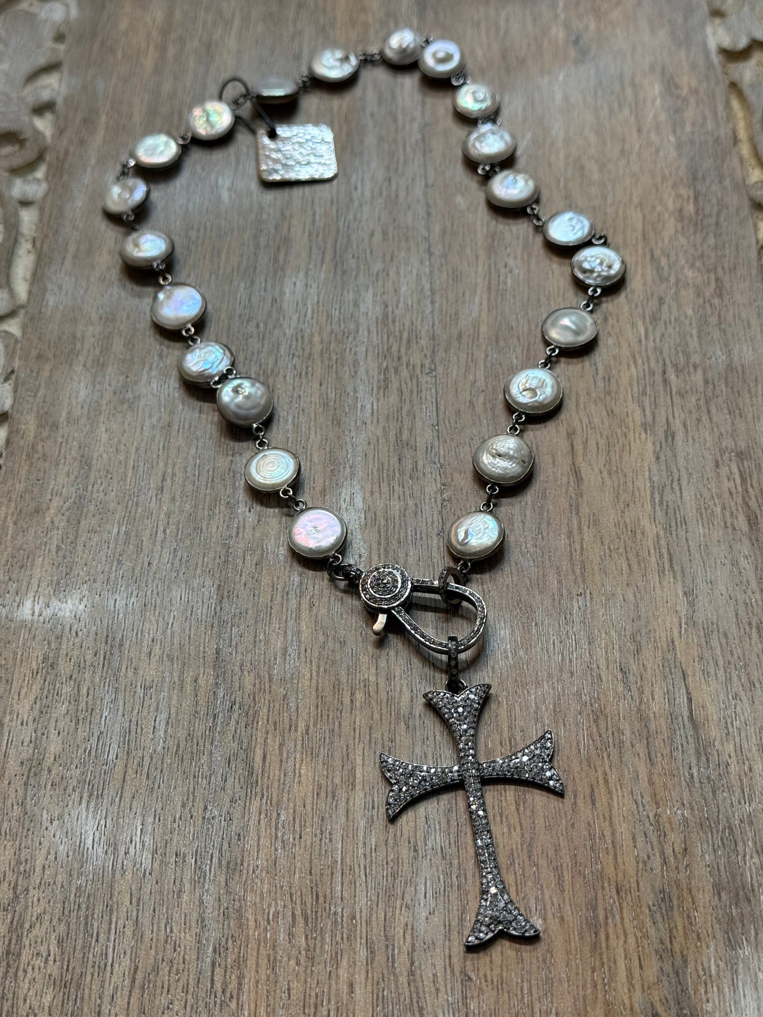 Diamond Cross on Coin Pearls Necklace