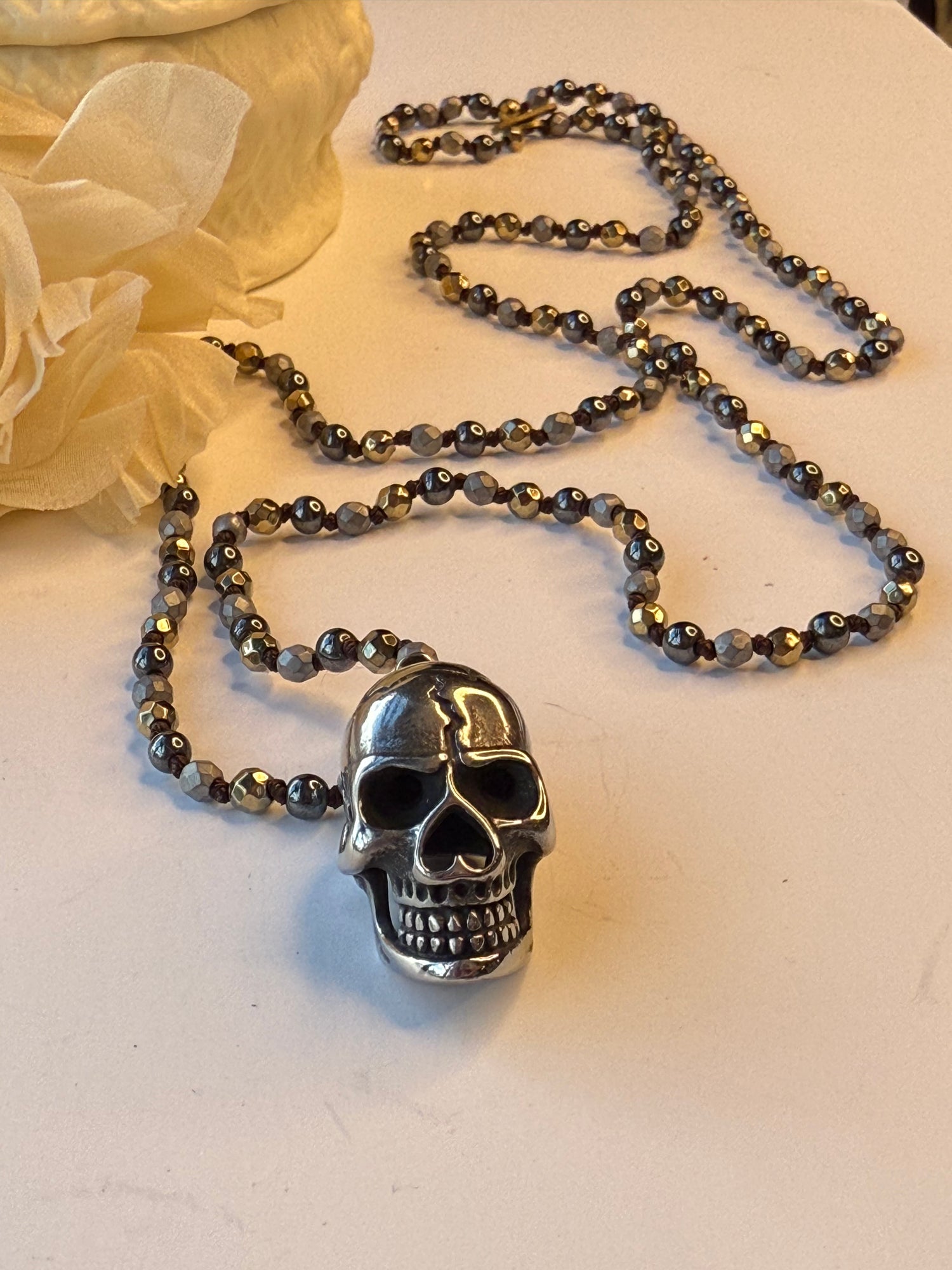 3D Skull on Metallic Beaded Necklace