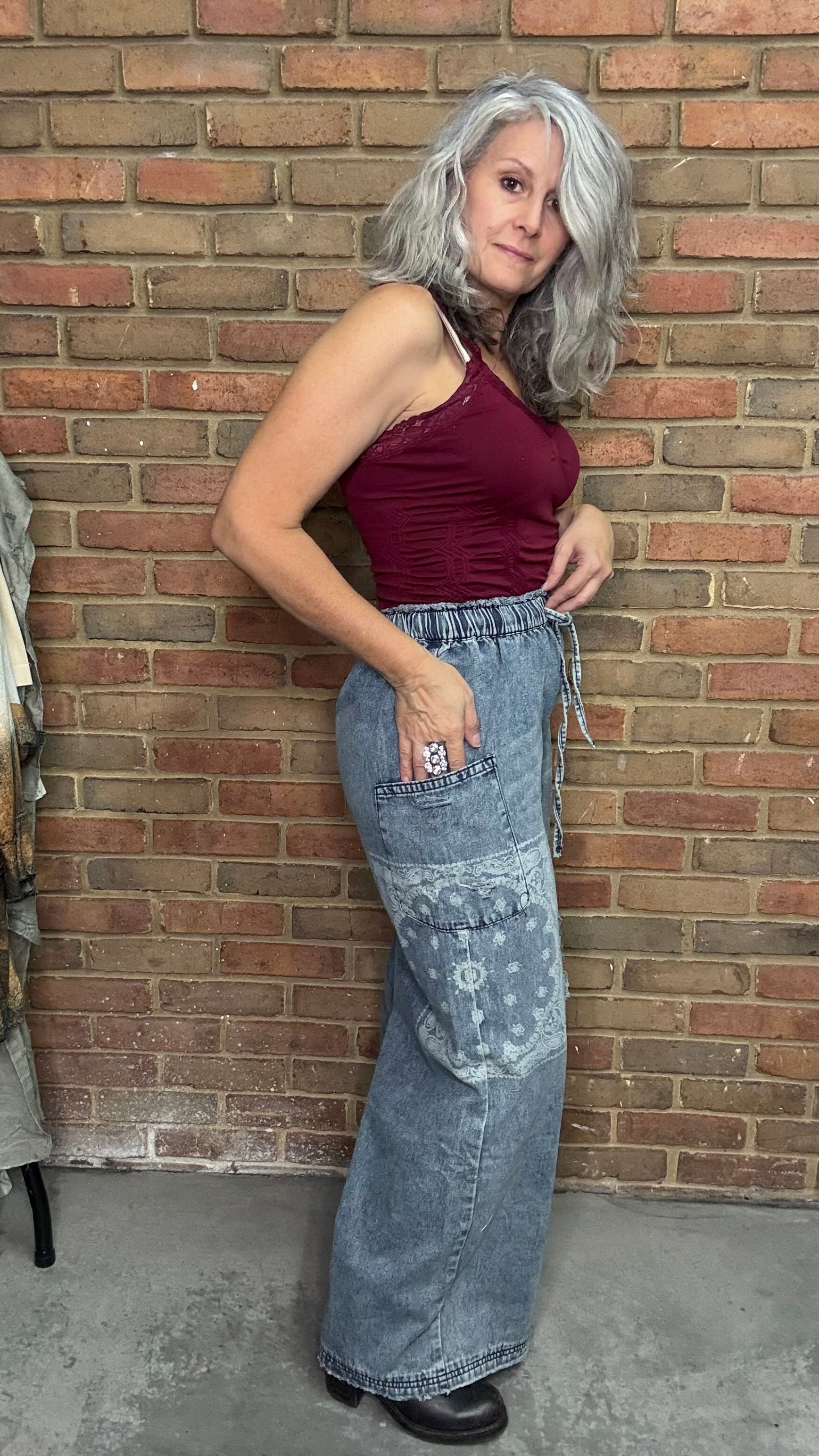Washed Denim Wide Leg with Bandana Print Pant