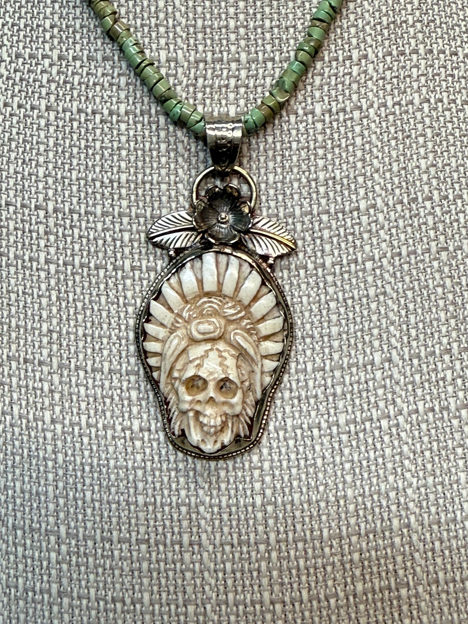 Tibetin Skull in Headdress on African Turquoise Necklace