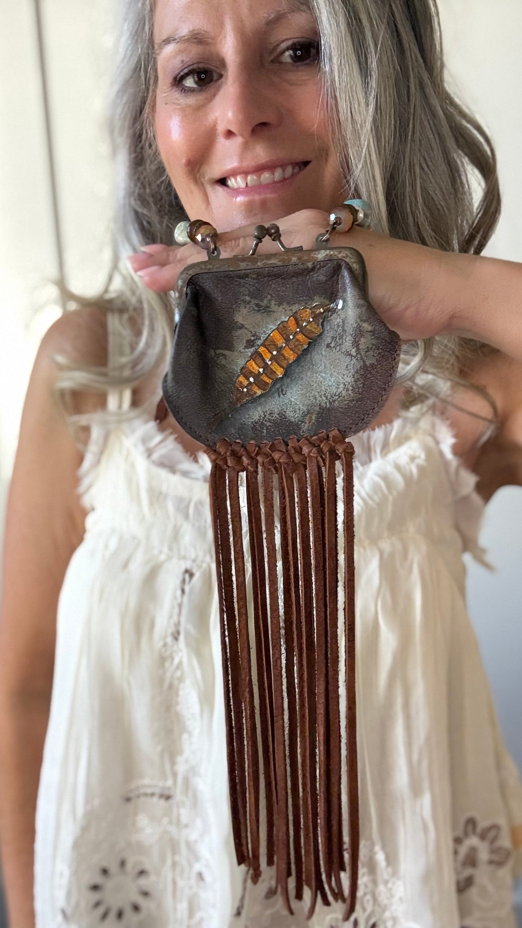 Feather Painted Coin Purse Necklace
