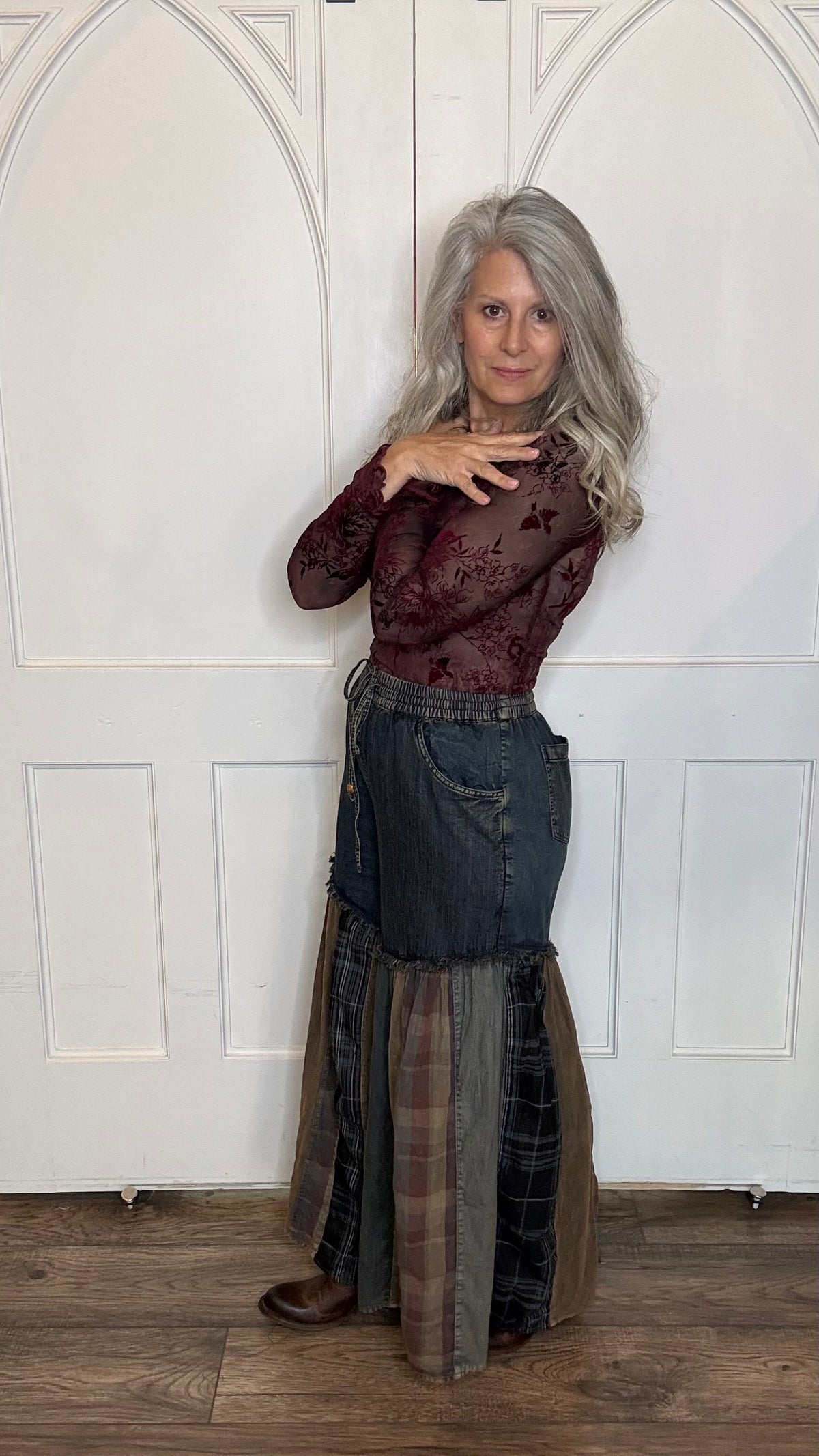 Boho Denim & Plaid Wide Leg Pant