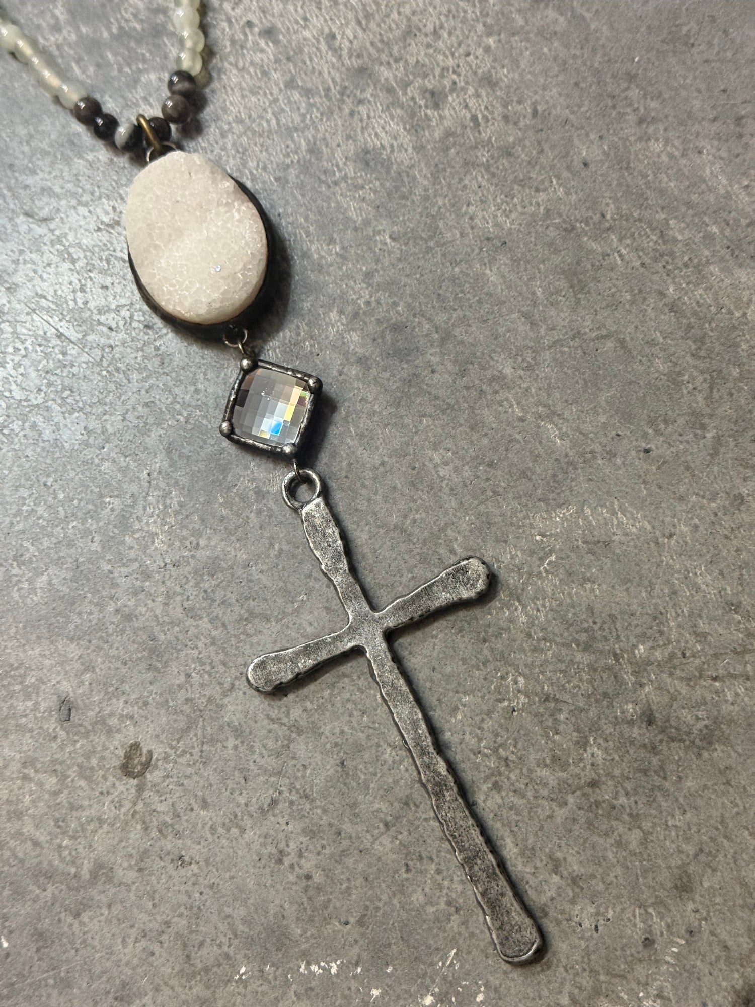 Iron Cross and Quartz Necklace
