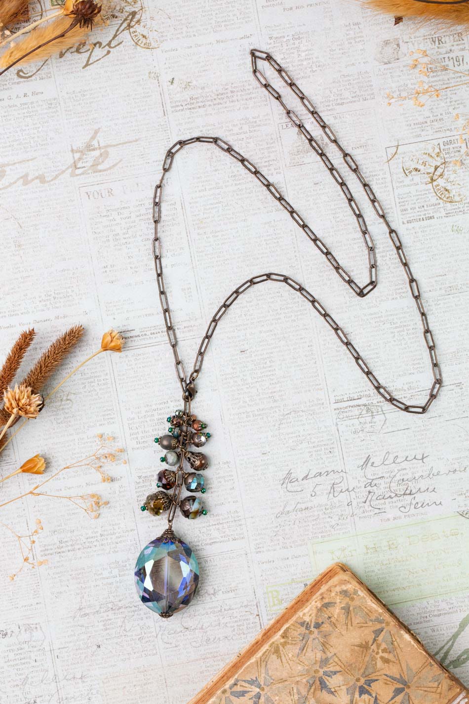 Crisp Autumn Adjustable 24" Czech Glass, Freshwater Pearl With Crystal Cluster Necklace