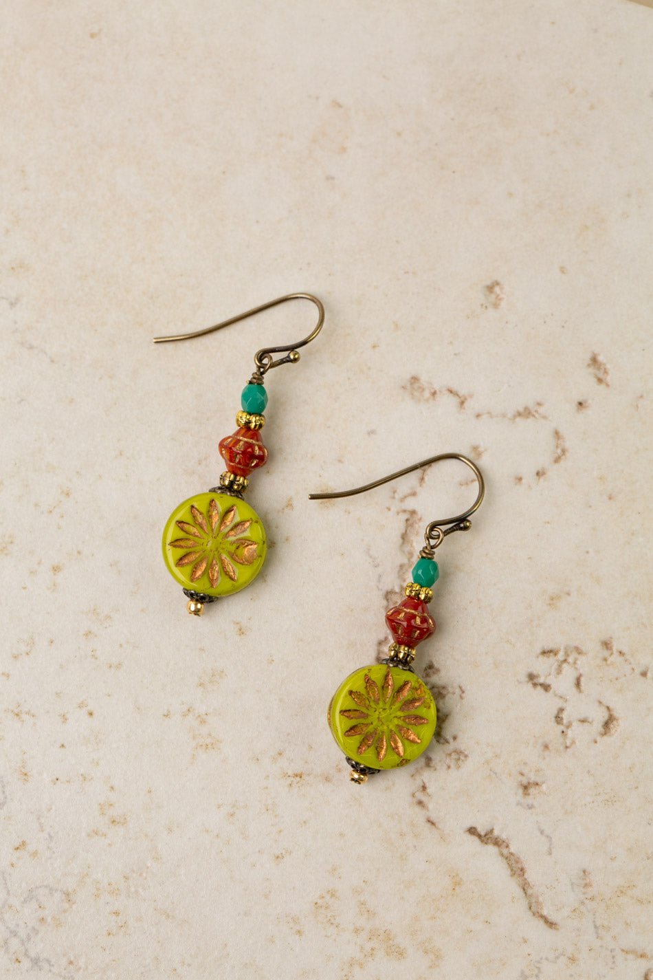 Czech Glass Lime Flower Print Simple Earrings 109E - Vintage Vault Boutique