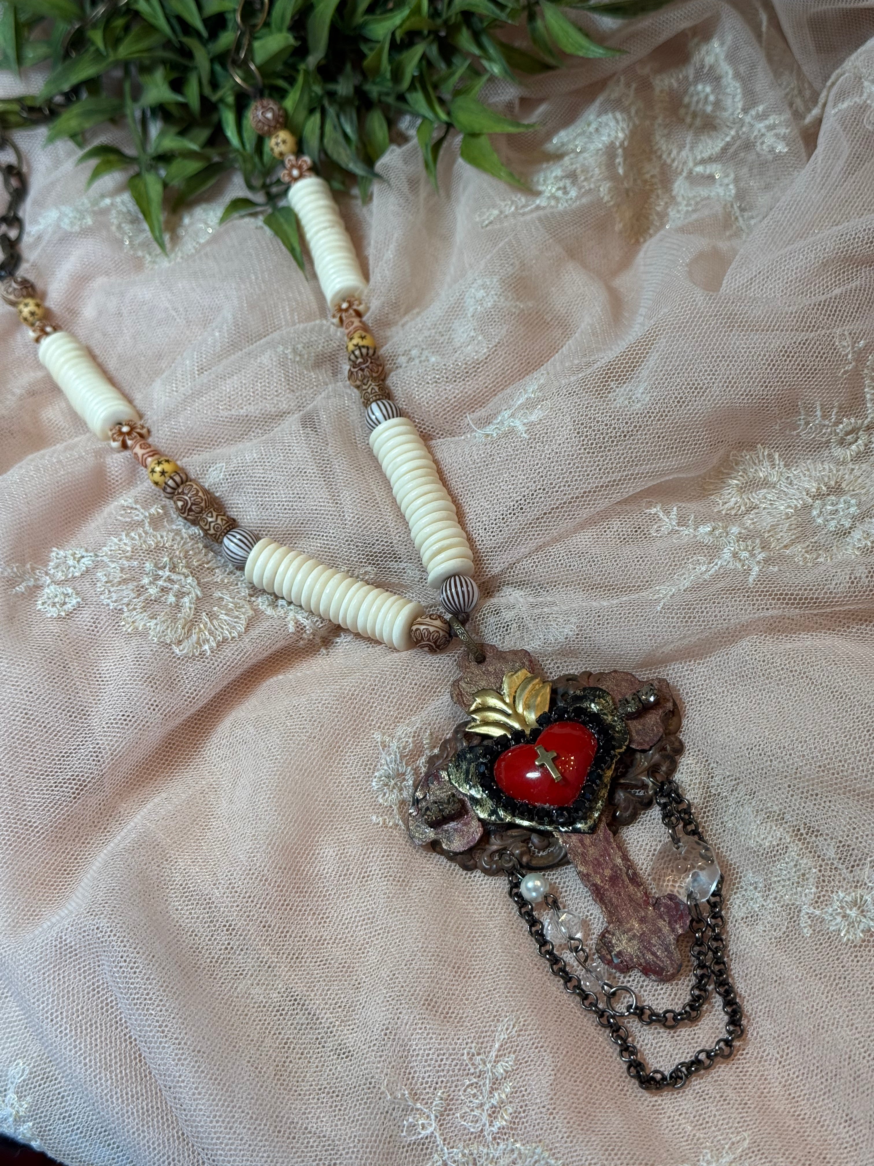 Red Heart on Cross Necklace
