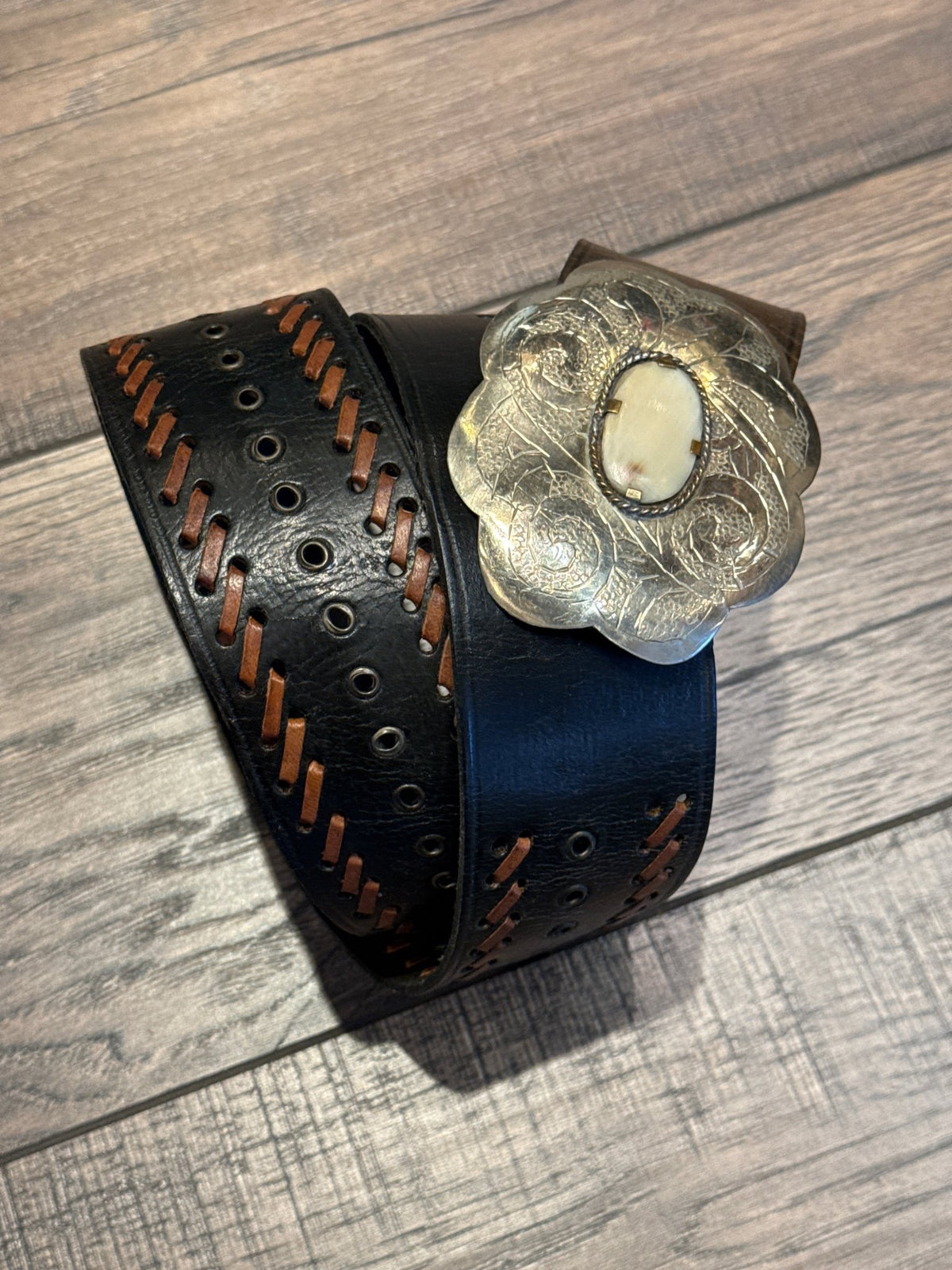 Black Leather with Brown Lacing Belt - Vintage Vault Boutique