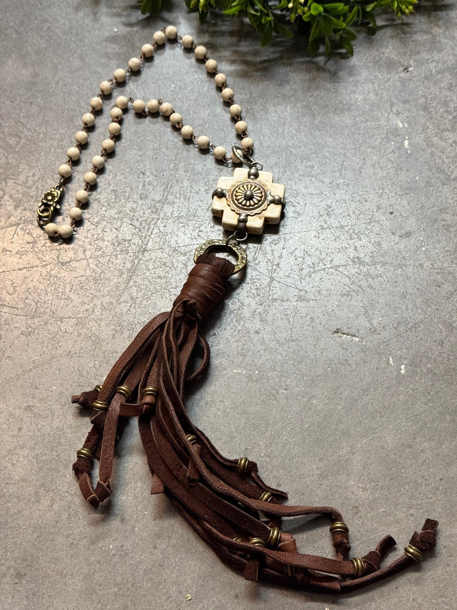 Bone Cross with Concho and Tassle Necklace - Vintage Vault Boutique