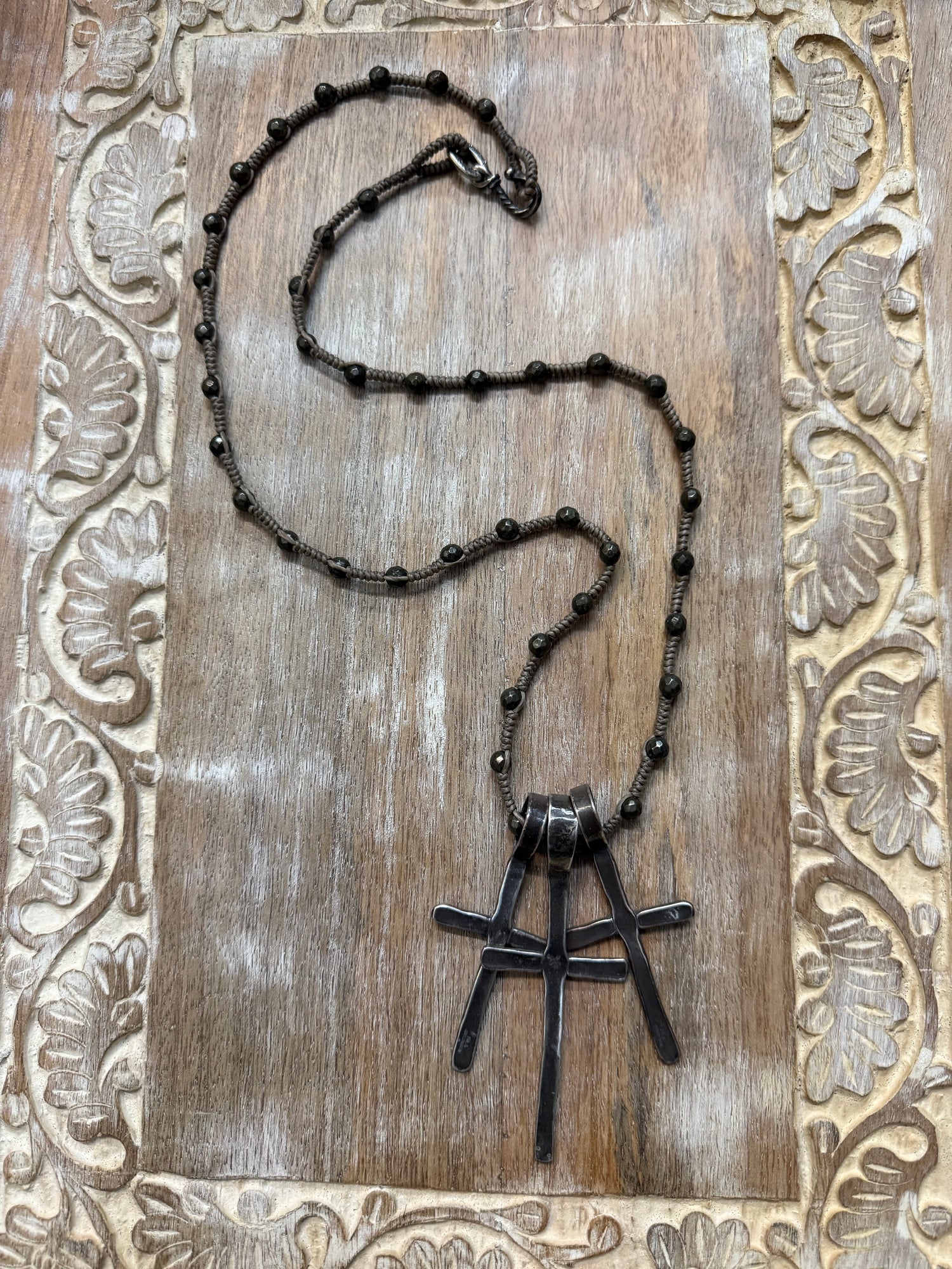 Triple Cross on Braided Strand Necklace