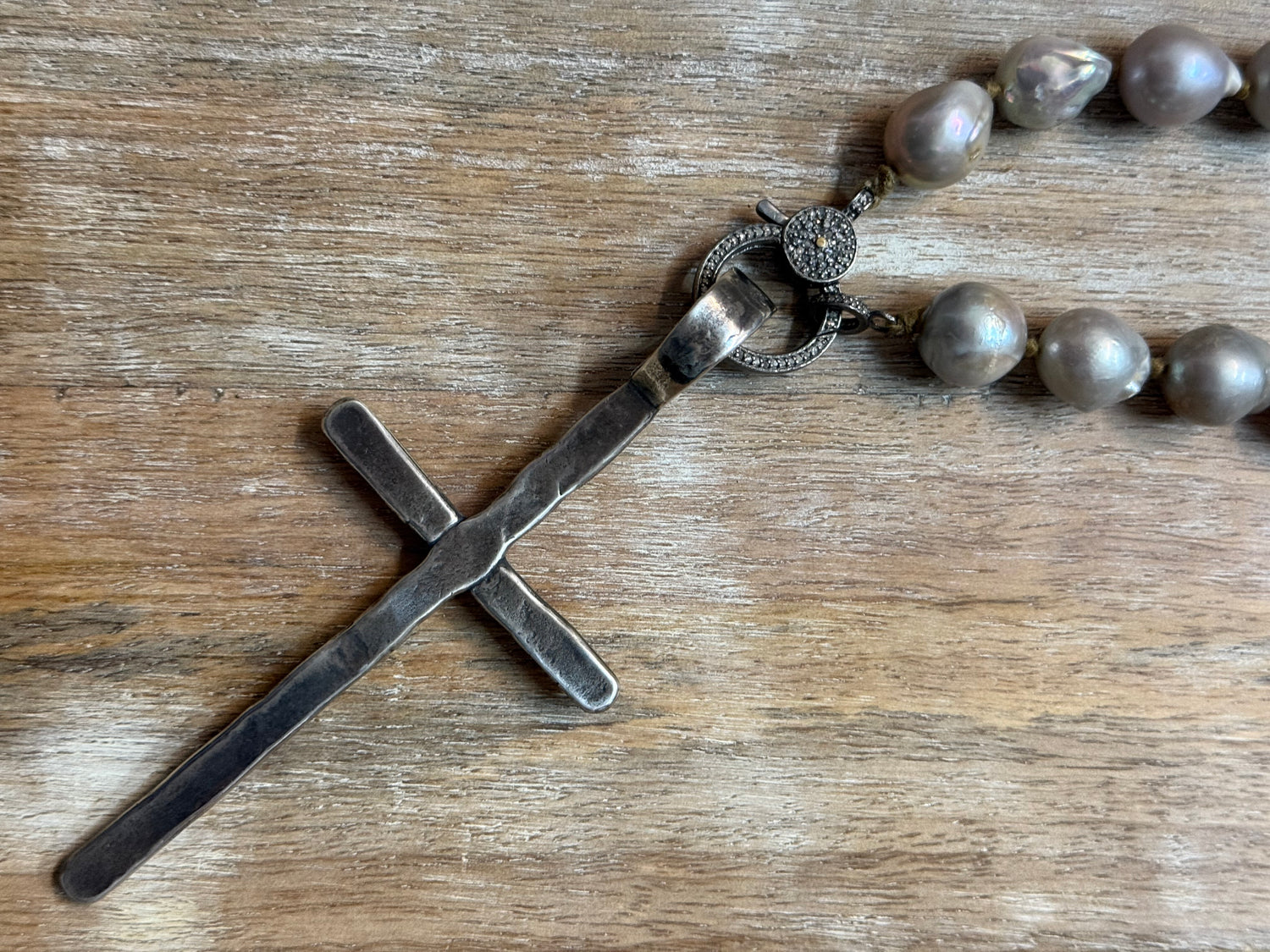 Large Silver Cross on Pearls Necklace