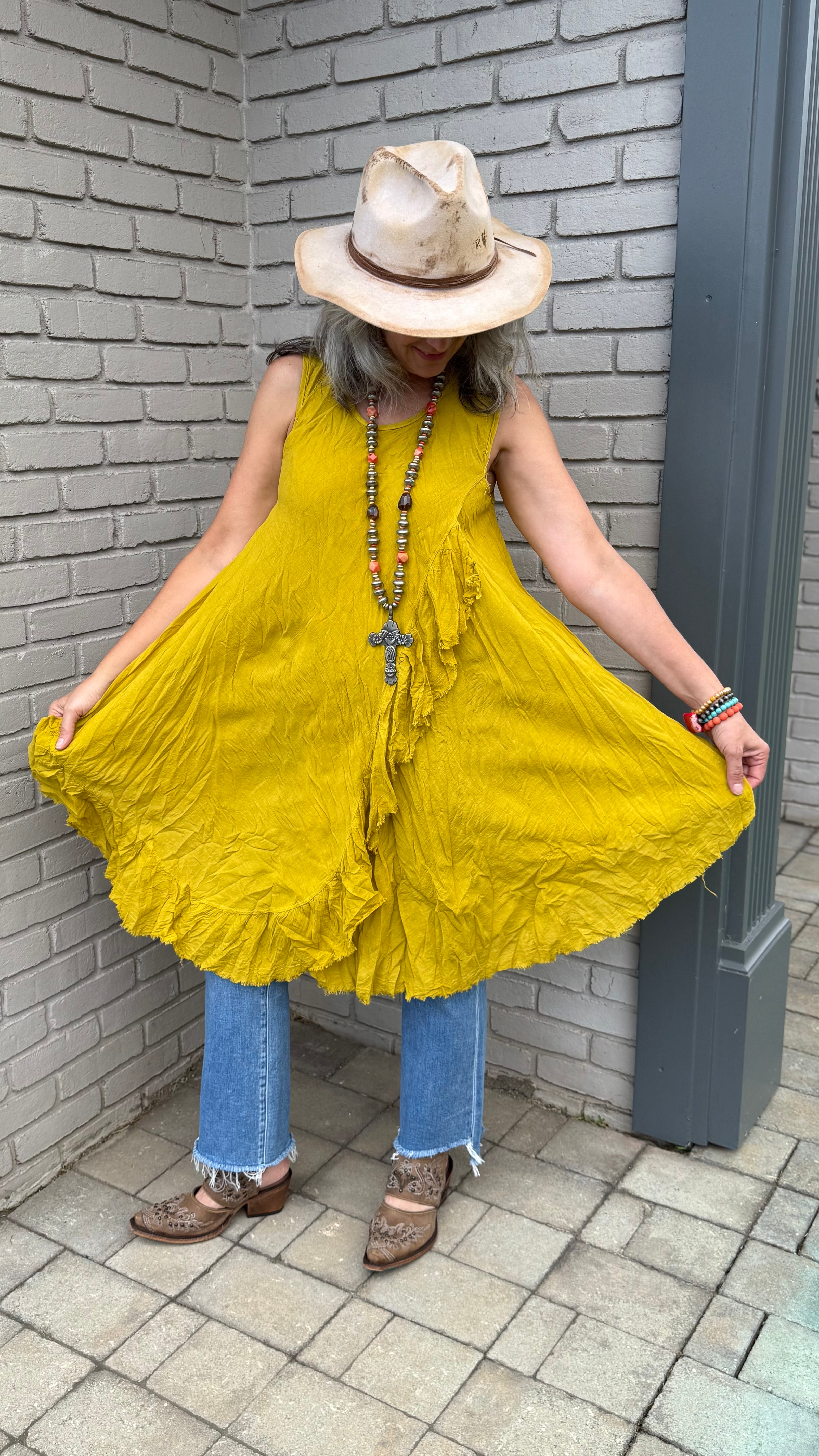 Cotton Open Slit Mustard Dress